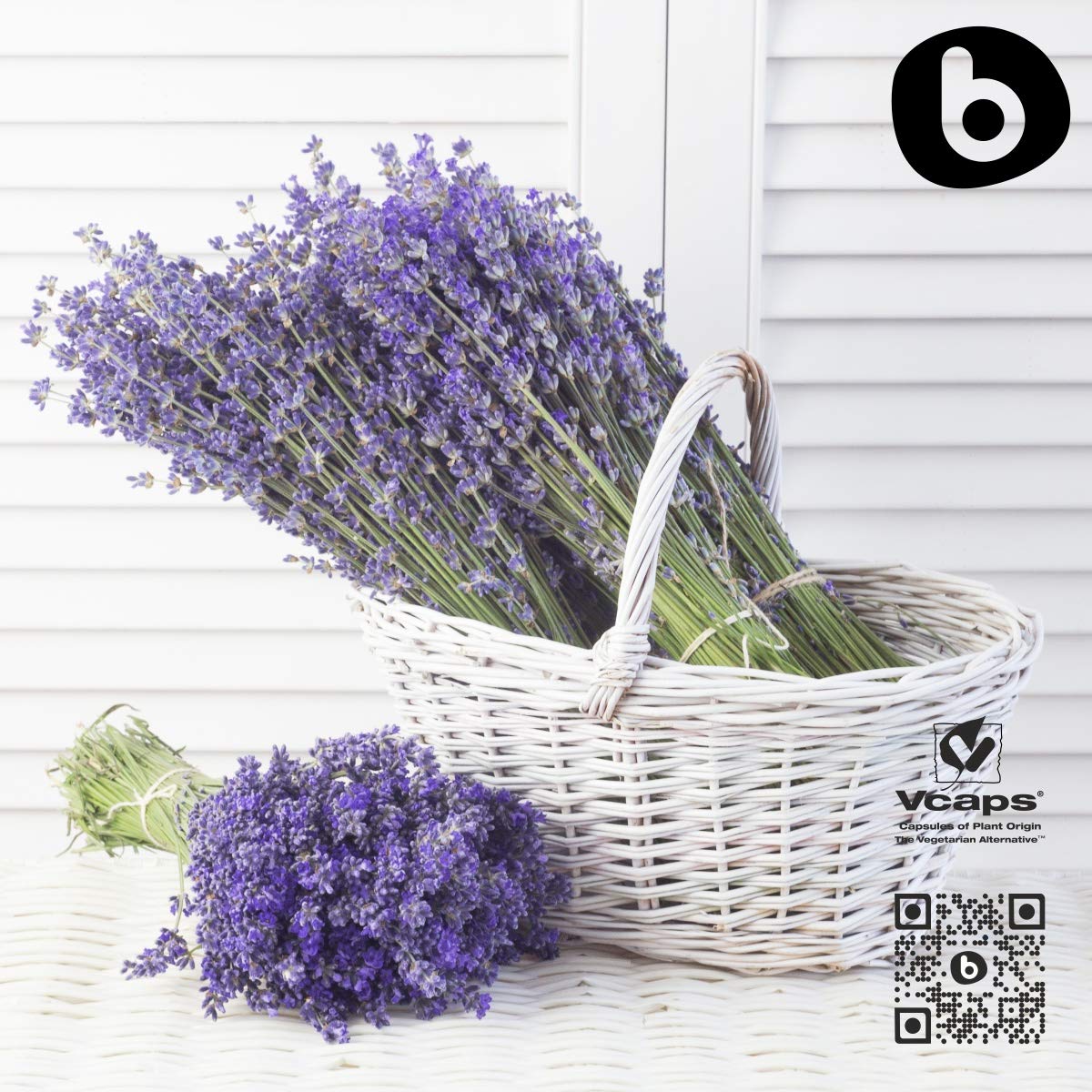 Capsulas de lavanda b sobre mesa, presentación limpia y sencilla.