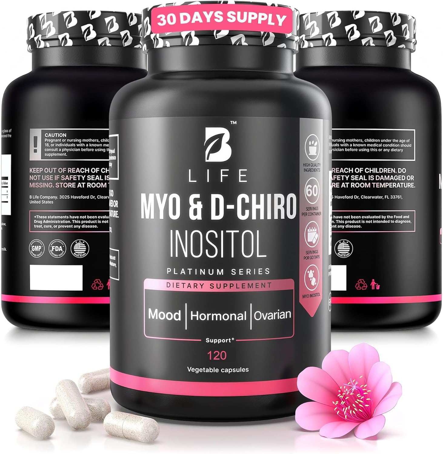 Botella de B Life Company Mio-Inositol y D-Chiro Inositol 40:1 para equilibrio hormonal.
