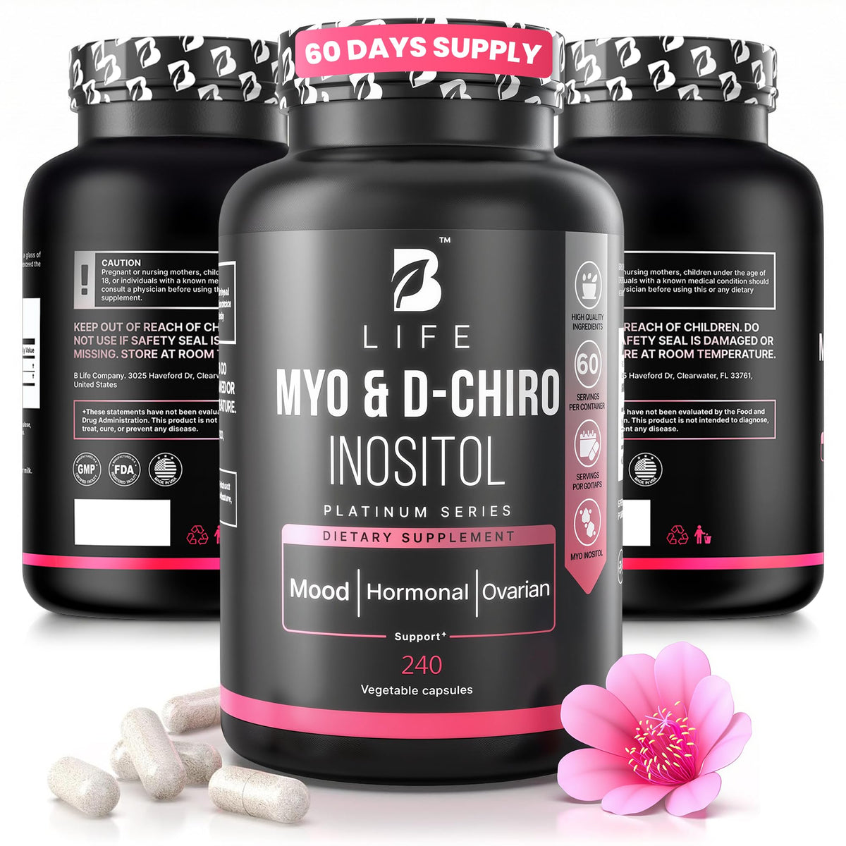 B Life Company Myo-Inositol 40:1, vertiendo desde la botella, posible apoyo hormonal.