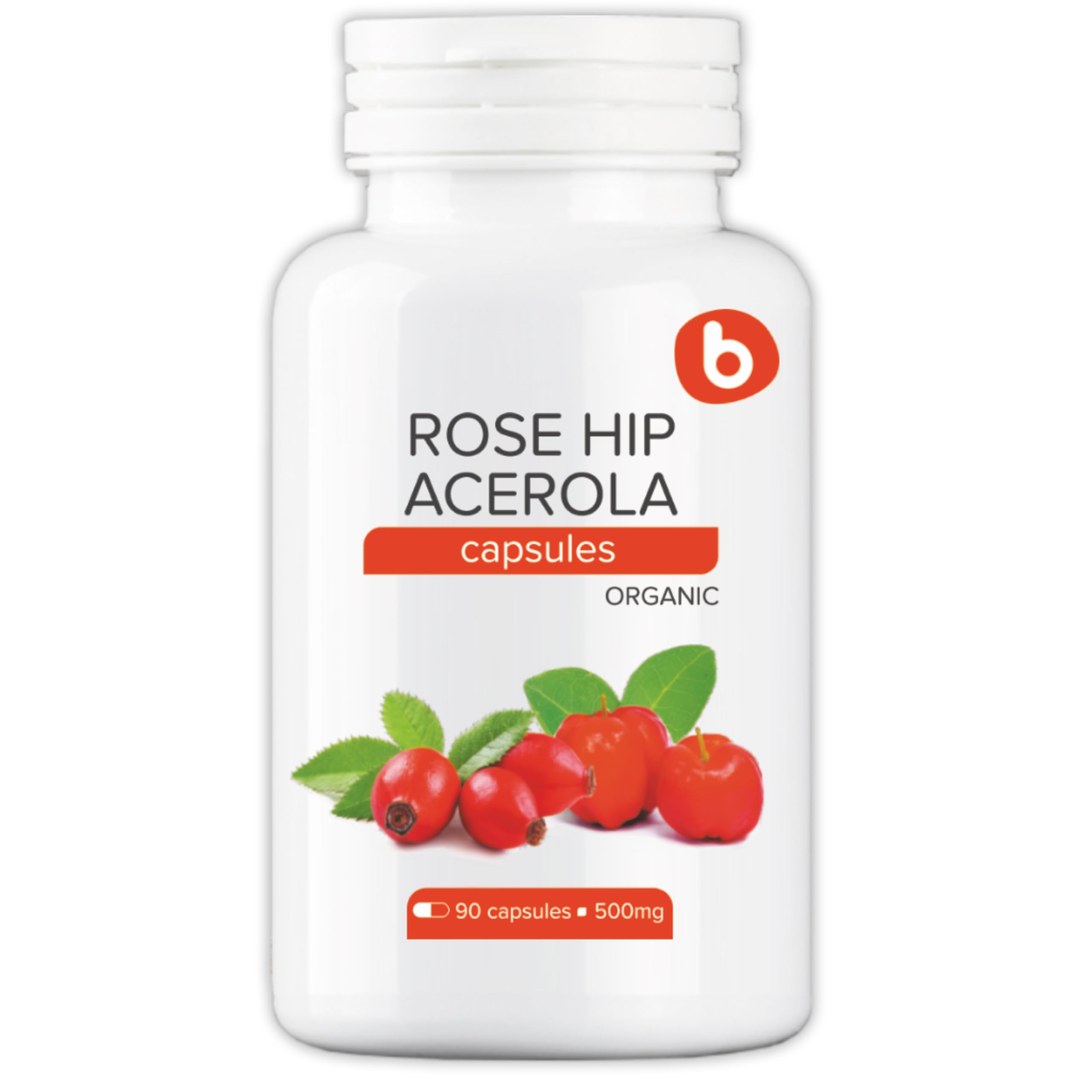 Cápsulas de b Natural con rosa mosqueta y acerola en frasco para uso diario