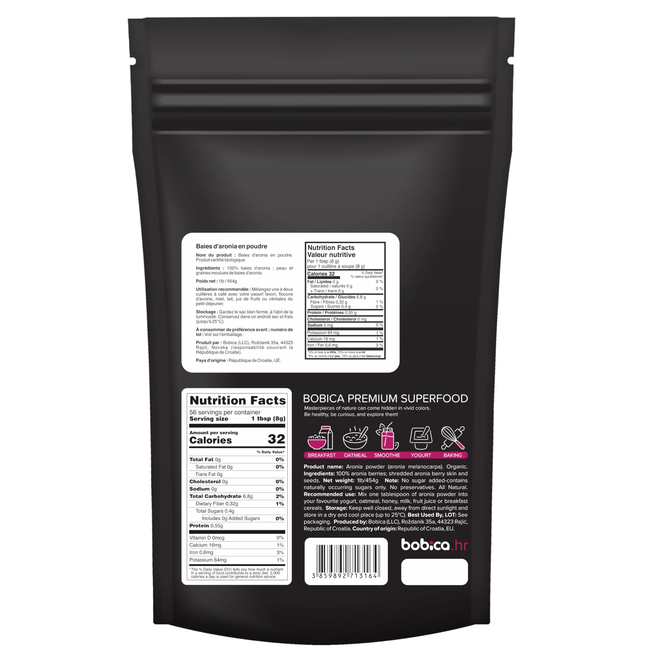 Polvo de Aronia Negra de la marca b, textura fina para mezclar en jugos suaves.