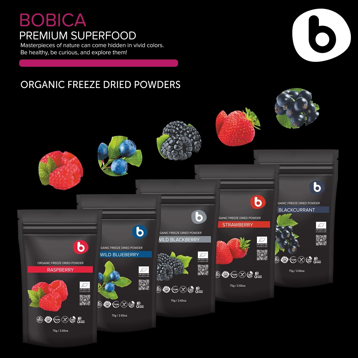 Polvo de Aronia Negra de la marca b, útil en recetas diarias y batidos.