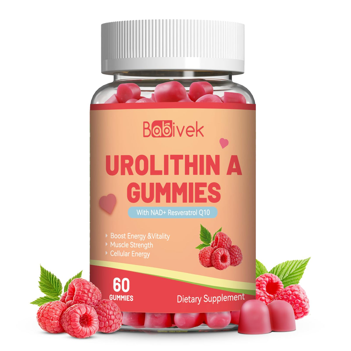Babivek Urolithin A Gummies en botella para energía sostenida a lo largo del día.