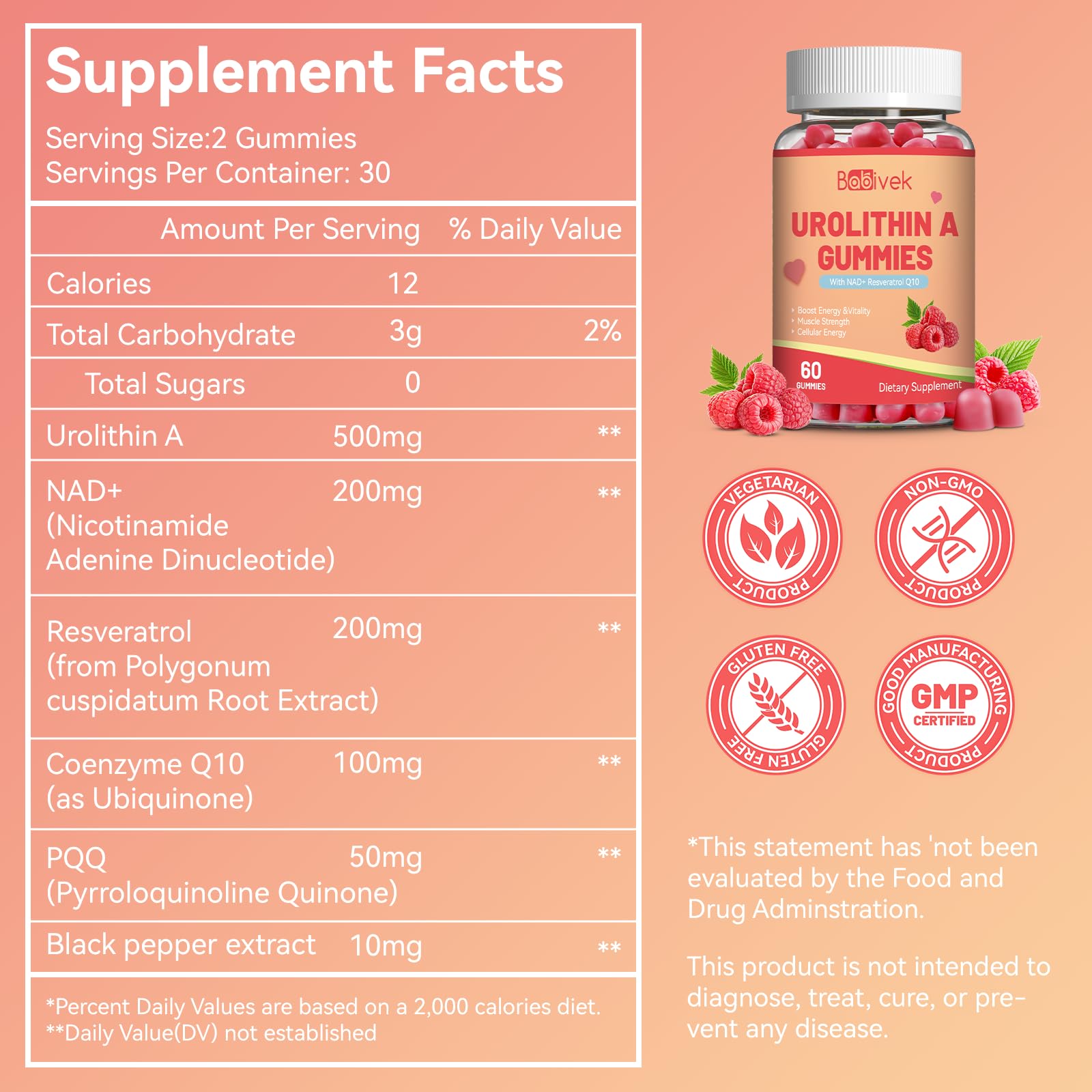 Babivek Urolithin A Gummies con PQQ para soporte mitocondrial y rendimiento.