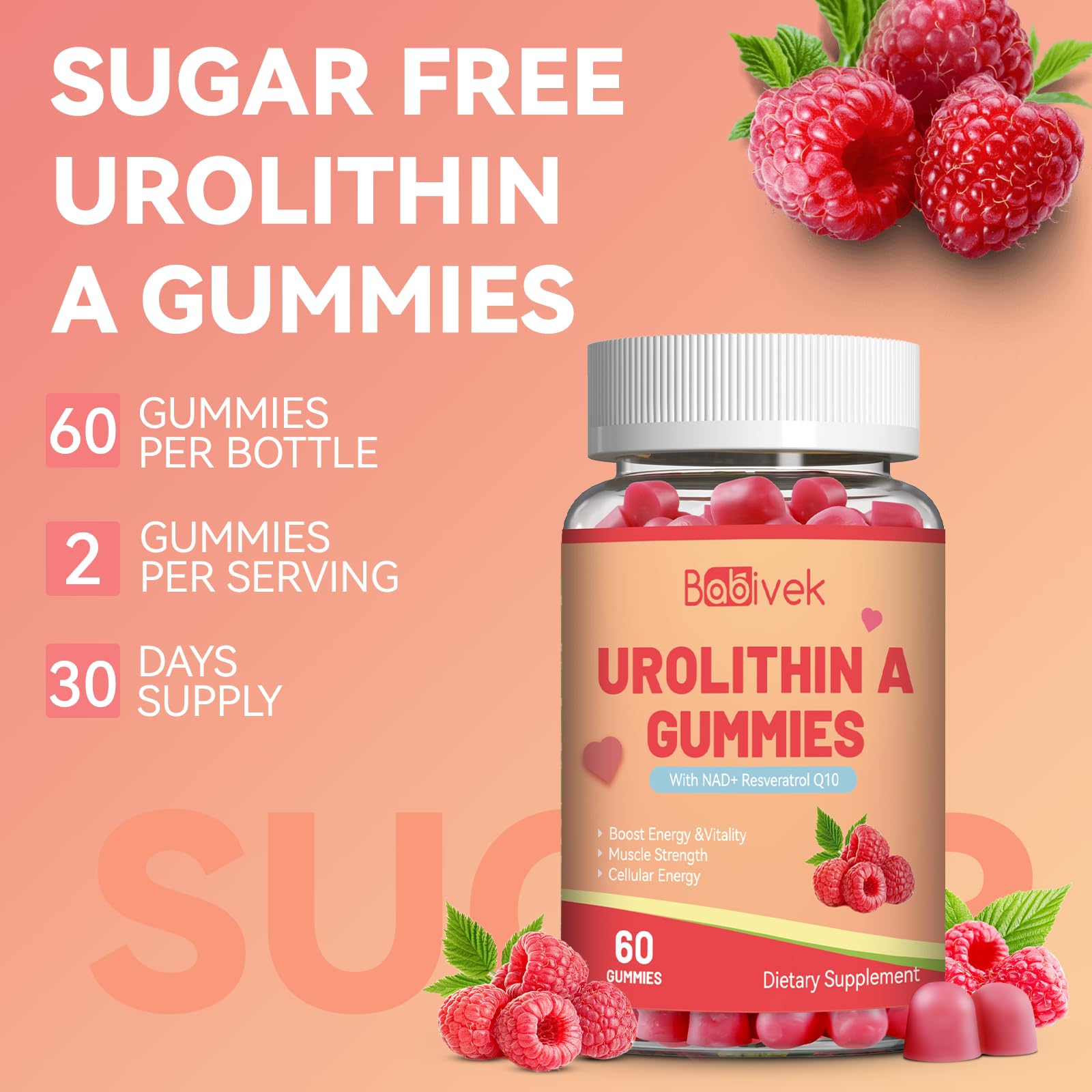 Babivek Urolithin A Gummies sabor frambuesa, opción vegana y sin azúcar.