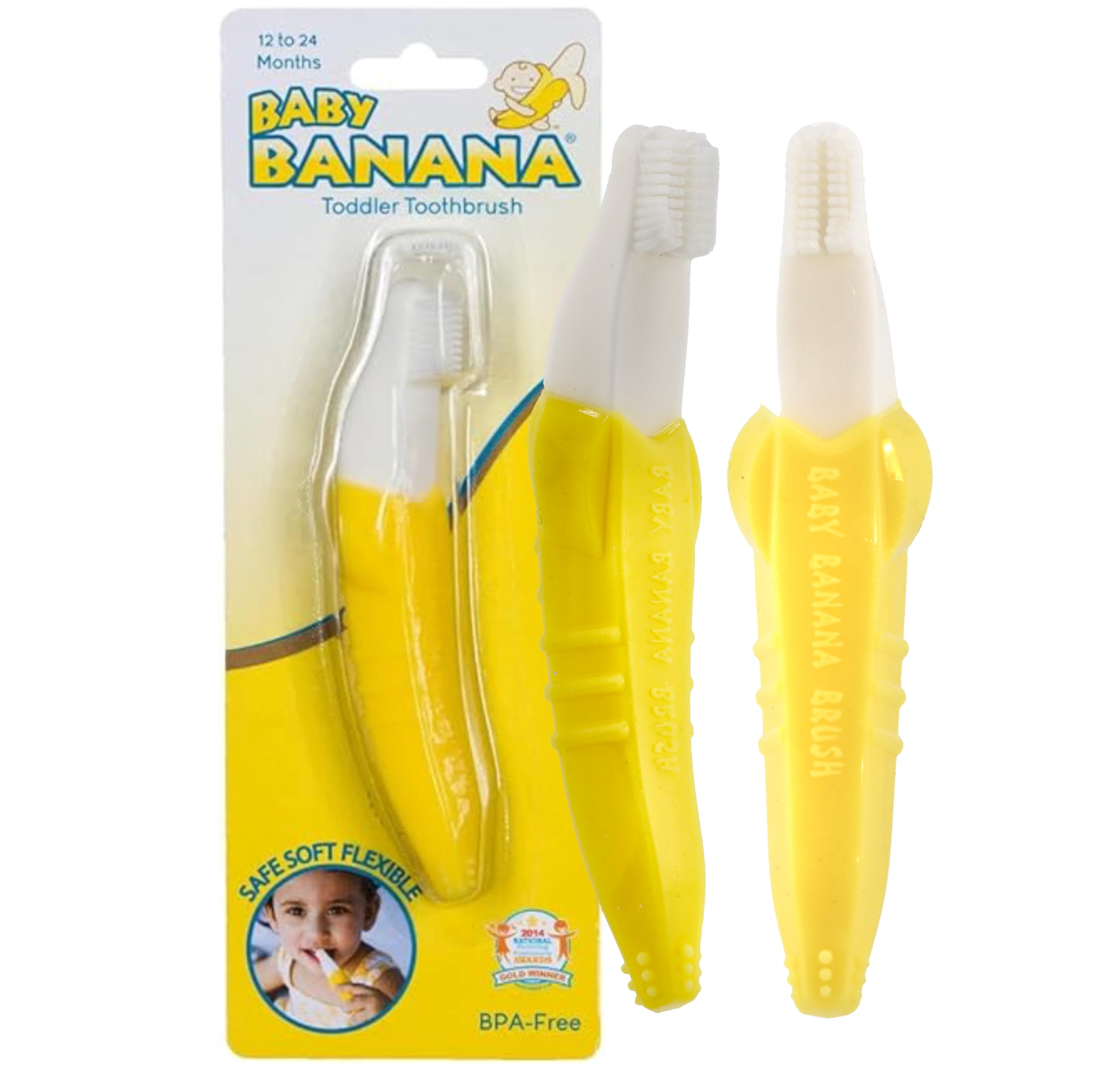 Baby Banana cepillo-entrenamiento flexible enfocado en dientes frontales de niños pequeños.