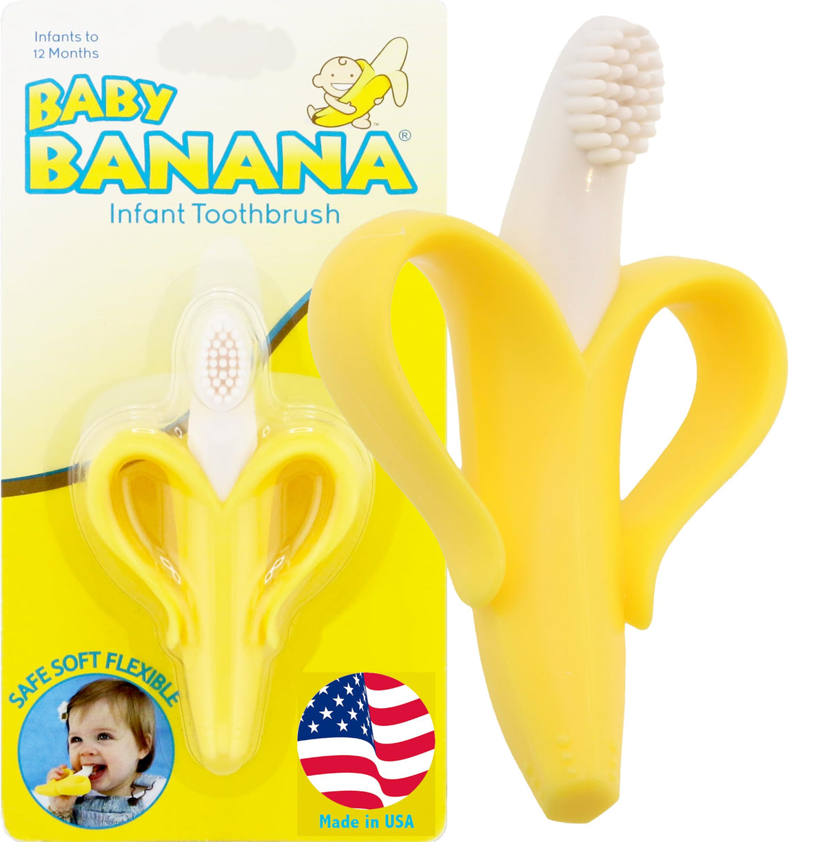 Baby Banana: cepillo infantil con mango en forma de banana para agarre cómodo.