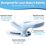 Lupa ampliadora integrada en Baby Proof Me para uñas pequeñas con precisión.