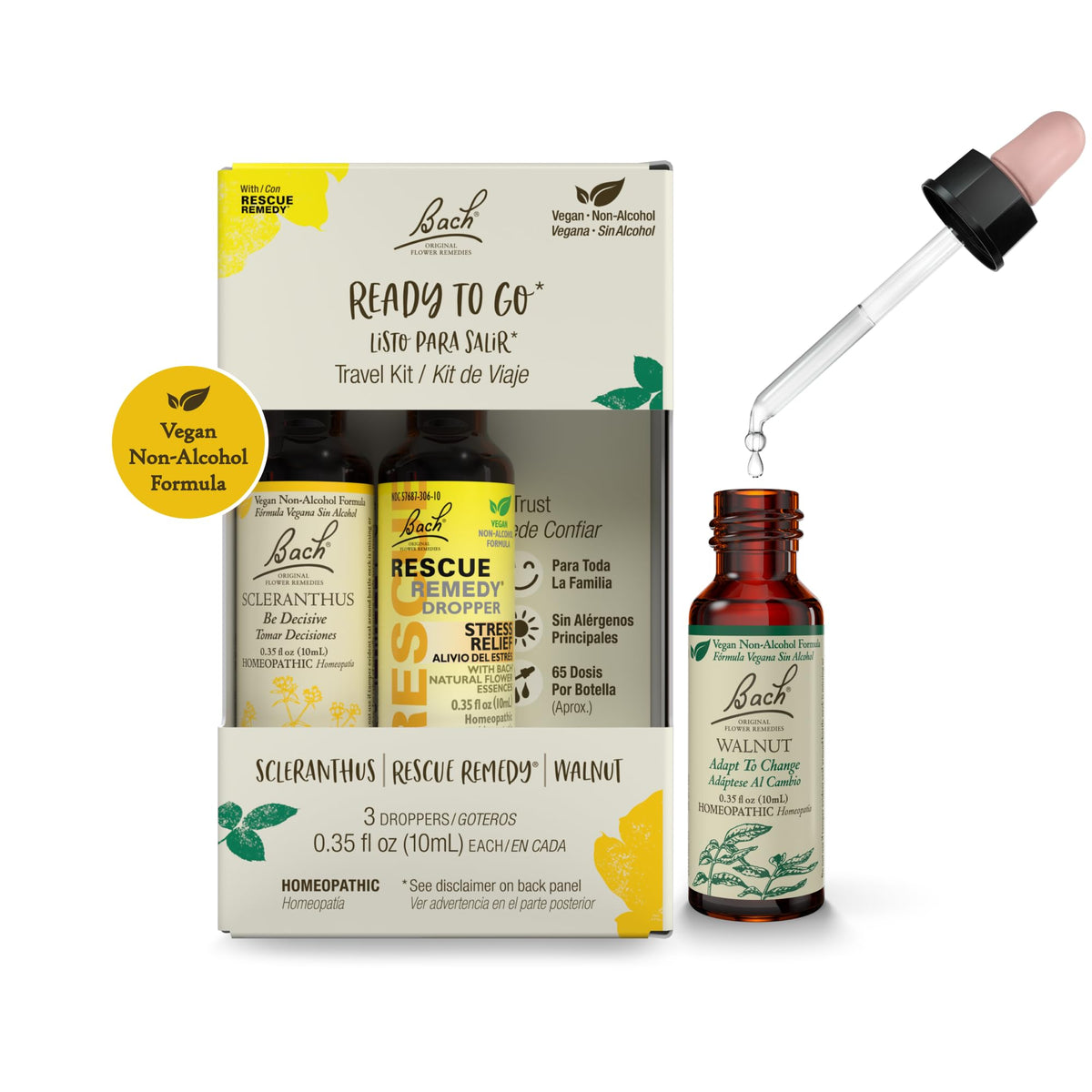 Kit Bach Flower Remedies para viaje con 3 goteros de 10 mL para equilibrio emocional.
