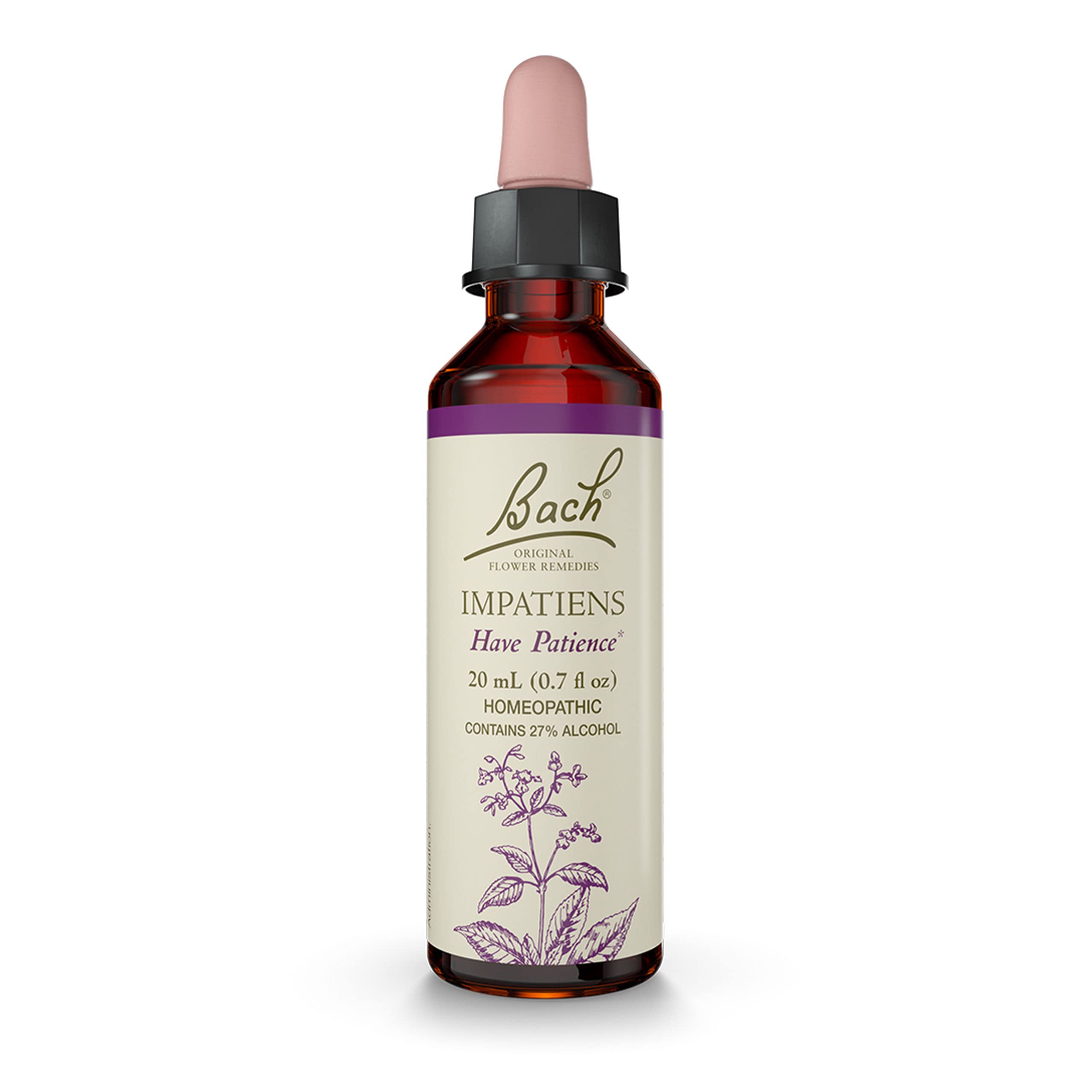 Remedios florales Bach Impatiens, botella con gotero para paciencia emocional en el día a día.