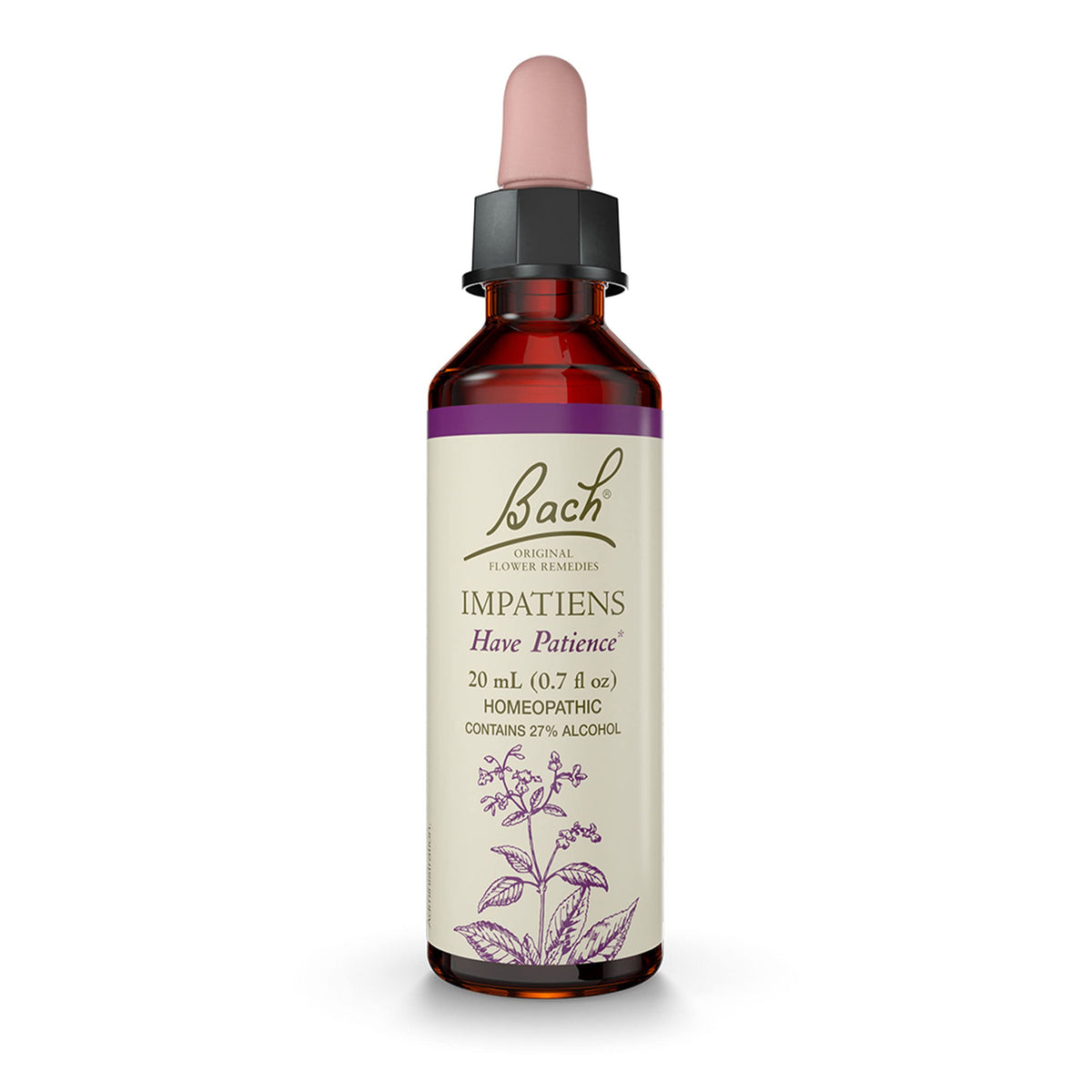 Remedios florales Bach Impatiens, botella con gotero para paciencia emocional en el día a día.
