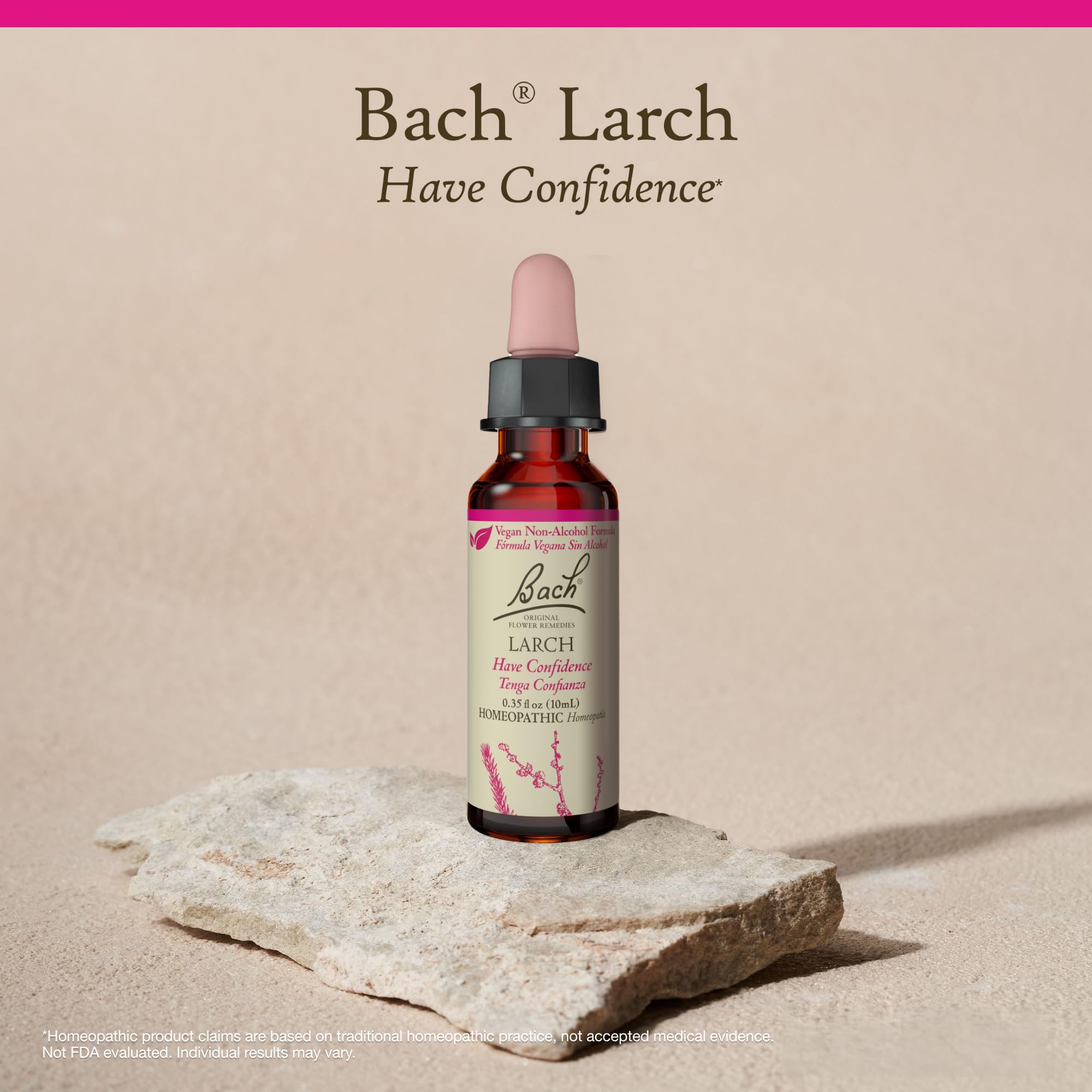 Bach Larch caja y empaque muestran presentación sin alcohol y opciones veganas.