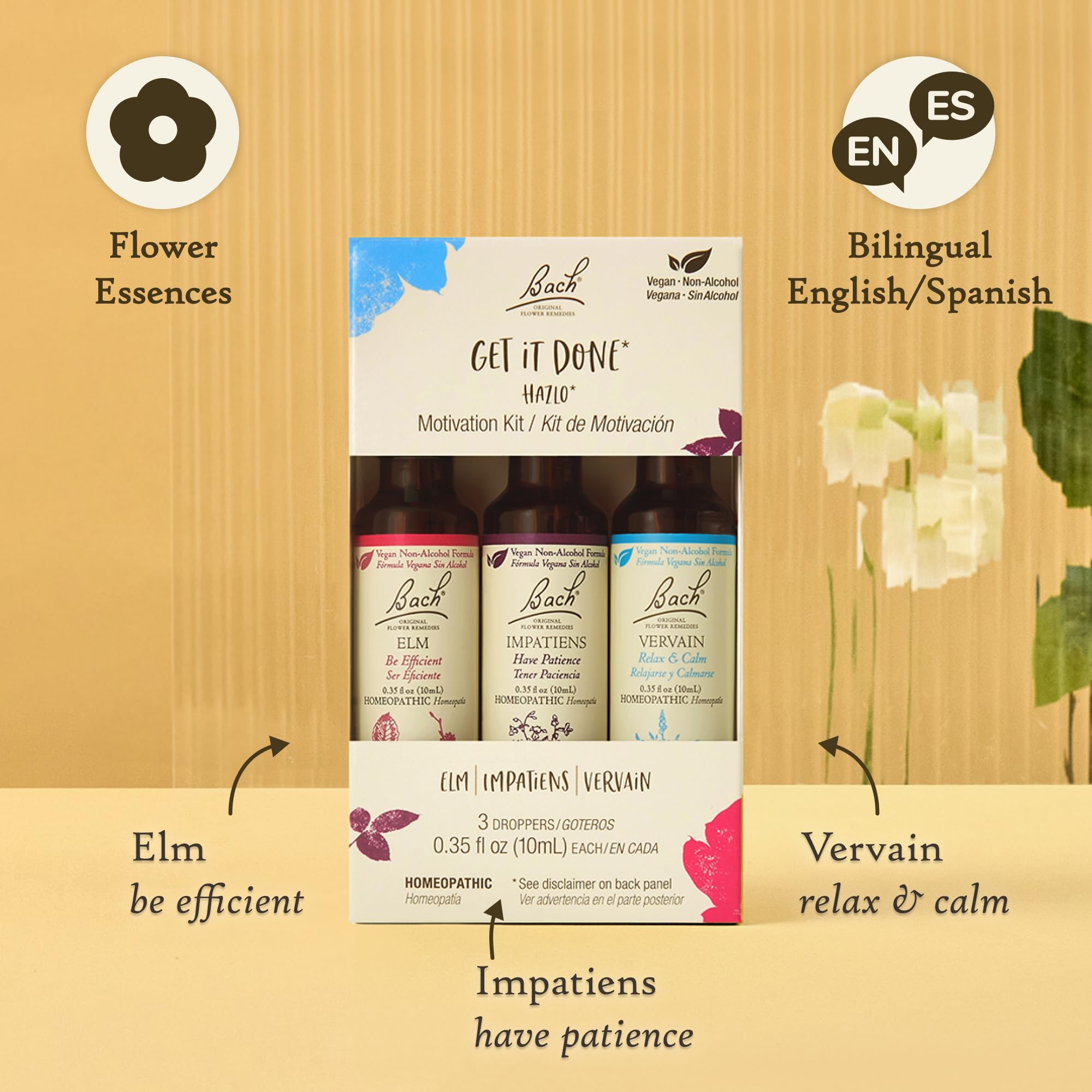 Bach Flower Remedies Trio, etiqueta del pack, experiencia natural para claridad emocional y enfoque tranquilo.