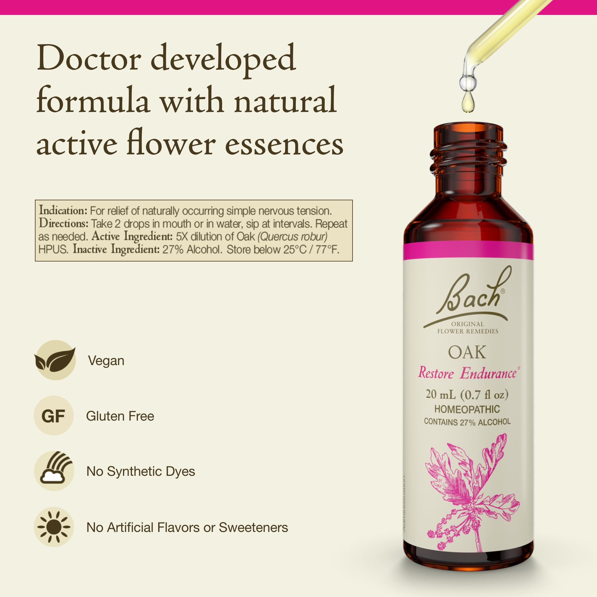 Bach Remedios Flor Roble - etiqueta de la botella para uso diario con claridad.