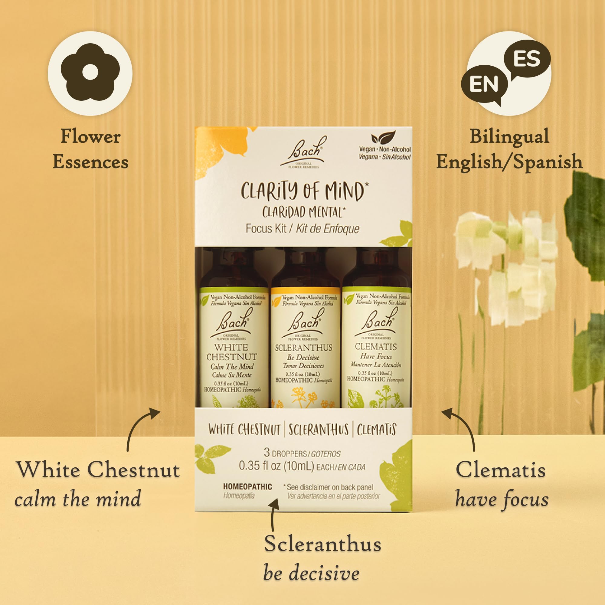 Caja Bach Remedios Florales con tres frascos de 10 ml para enfoque diario.