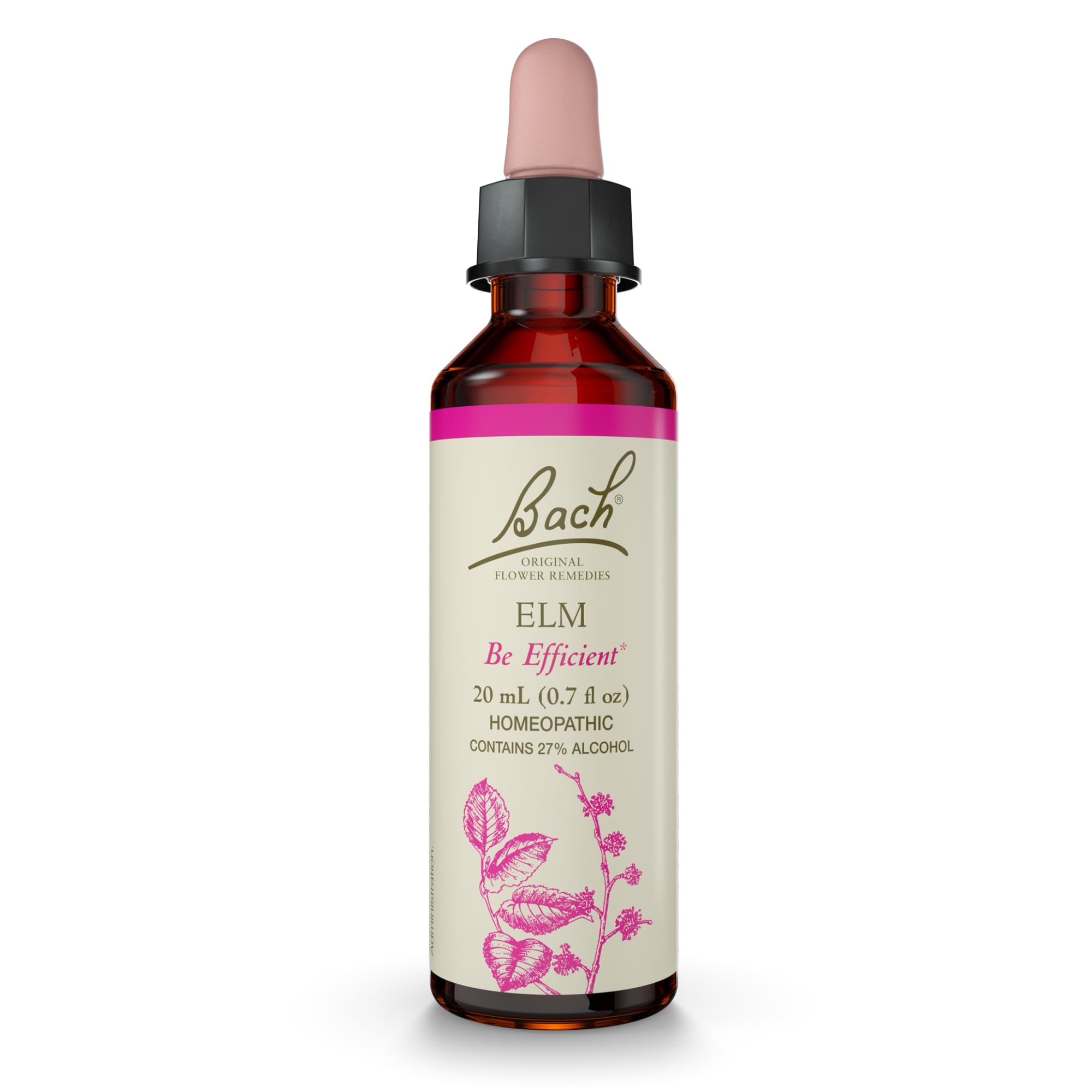 Frasco Elm de Bach con gotero para equilibrio emocional suave.