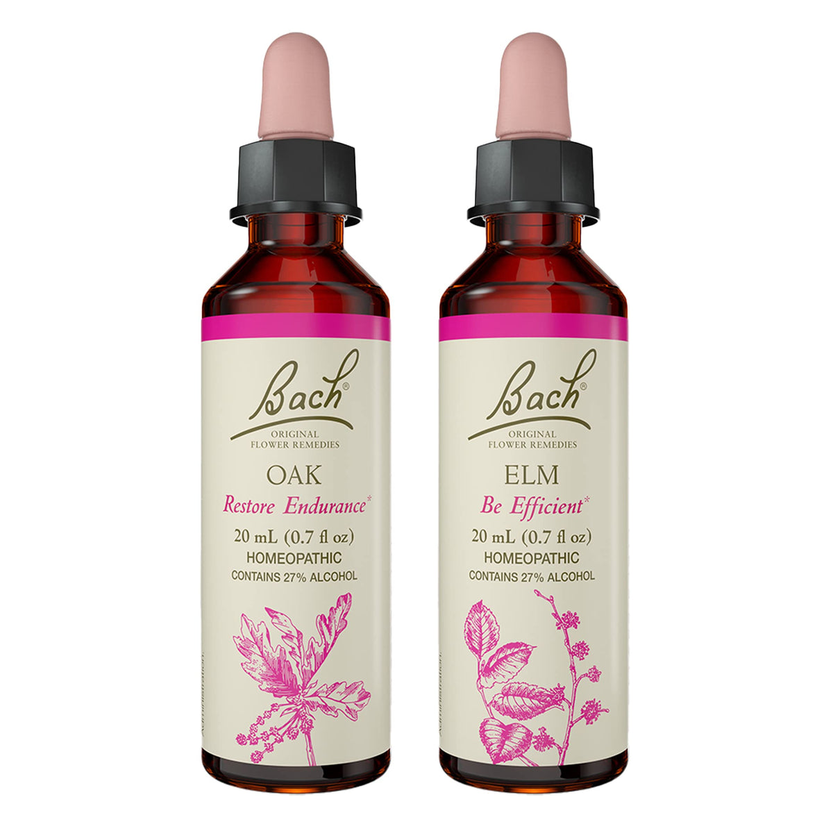 Bach Remedios Florales Originales Elm y Oak, dos botellas 20ml para apoyar la eficiencia diaria.