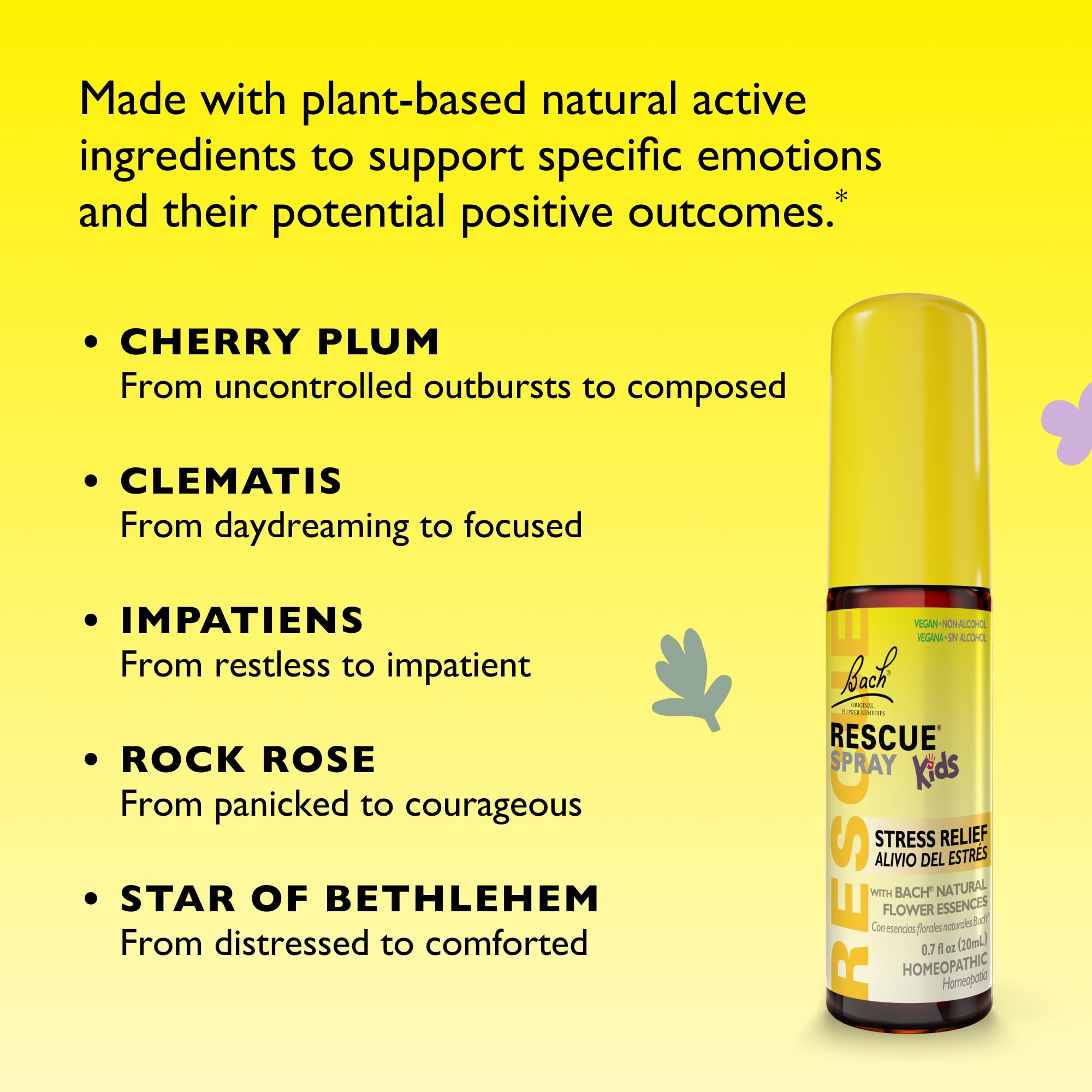 Empaque bilingüe de Bach Rescue Kids Spray para familias.