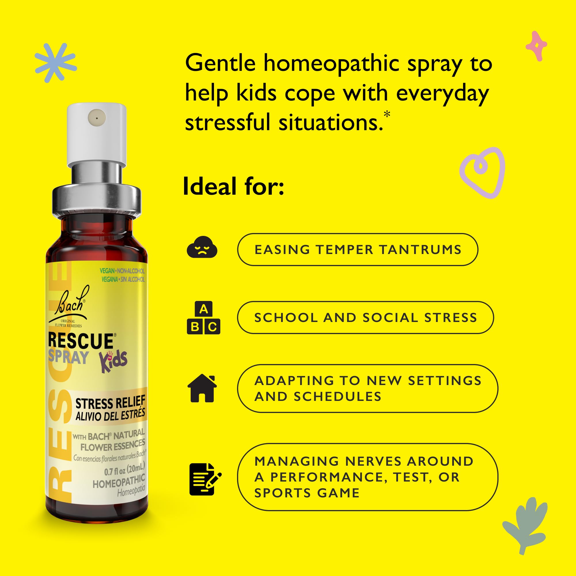 Bach Rescue Kids Spray, niño usando, alivio rápido en tensión diaria.