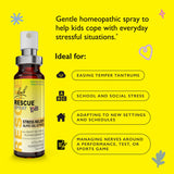 Bach Rescue Kids Spray, niño usando, alivio rápido en tensión diaria.