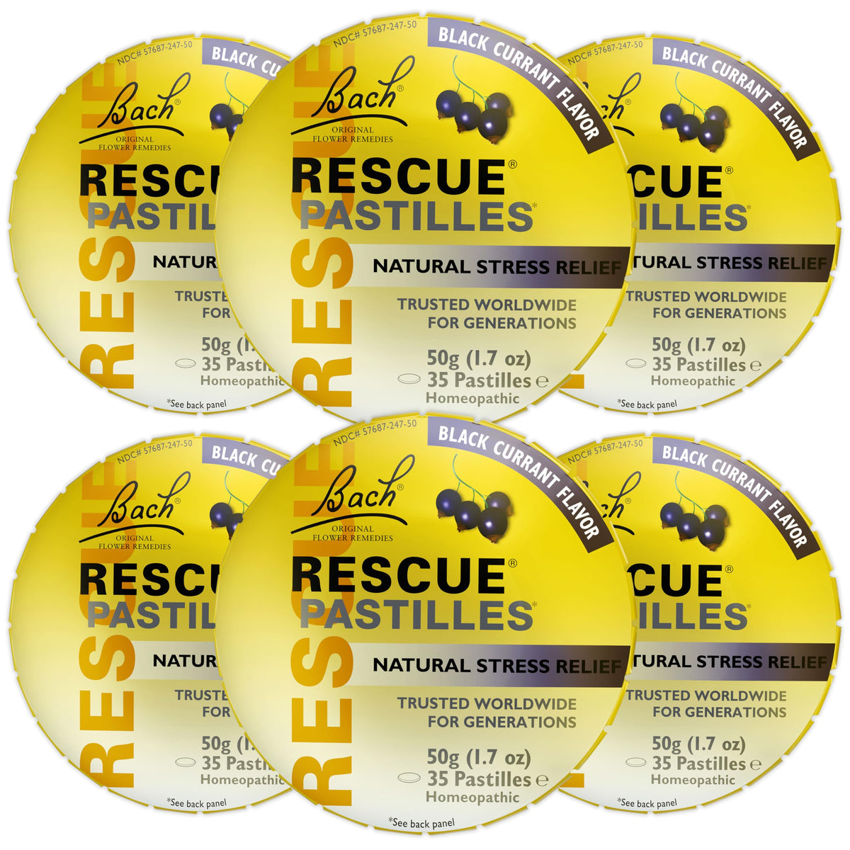 Bach Rescue Pastillas en envase, sabor grosella negra, para manejo diario del estrés.