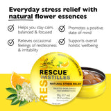 Pastillas Rescue de Bach, primer plano sabor naranja y flor de saúco para estrés