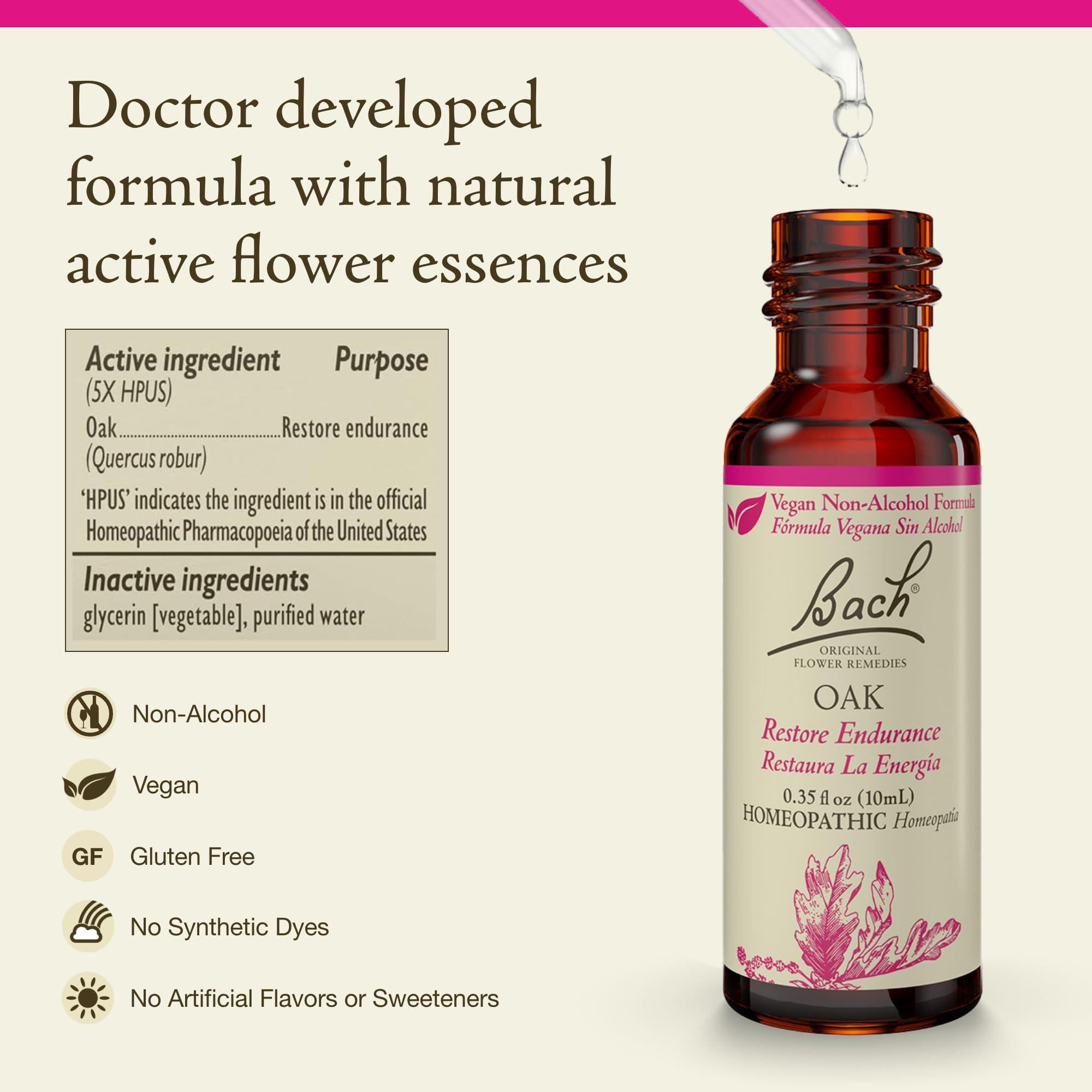Bach Oak gotero para uso sublingual y calma emocional.