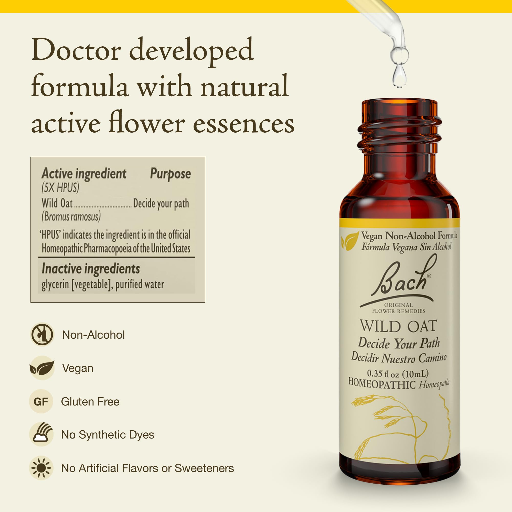 Bach Wild Oat sin alcohol, gotero práctico para uso diario en decisiones