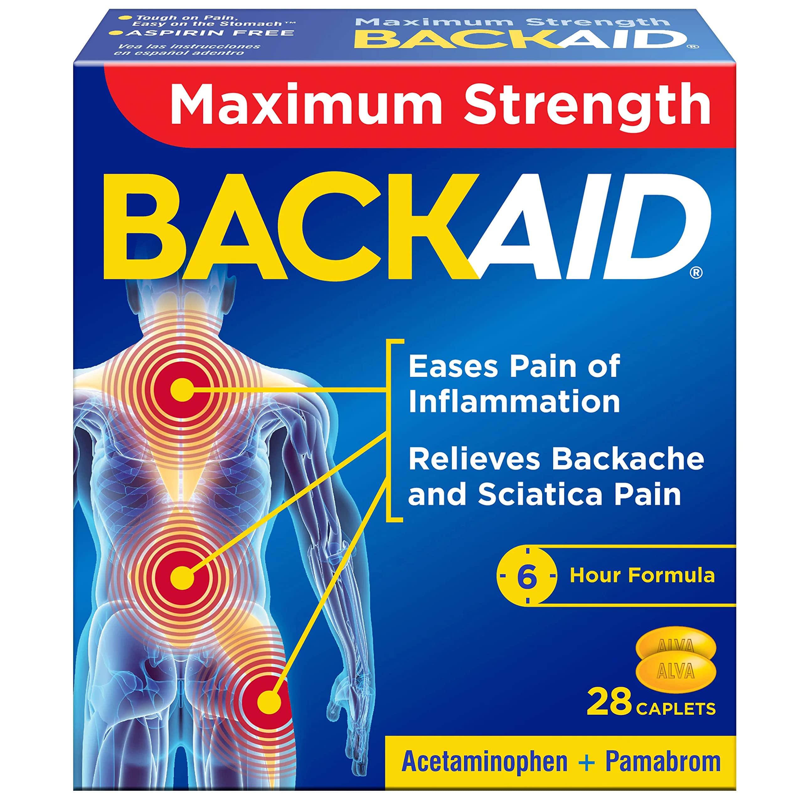 Backaid Max, empaque seis paquetes, relieve ocasional del dolor de espalda.