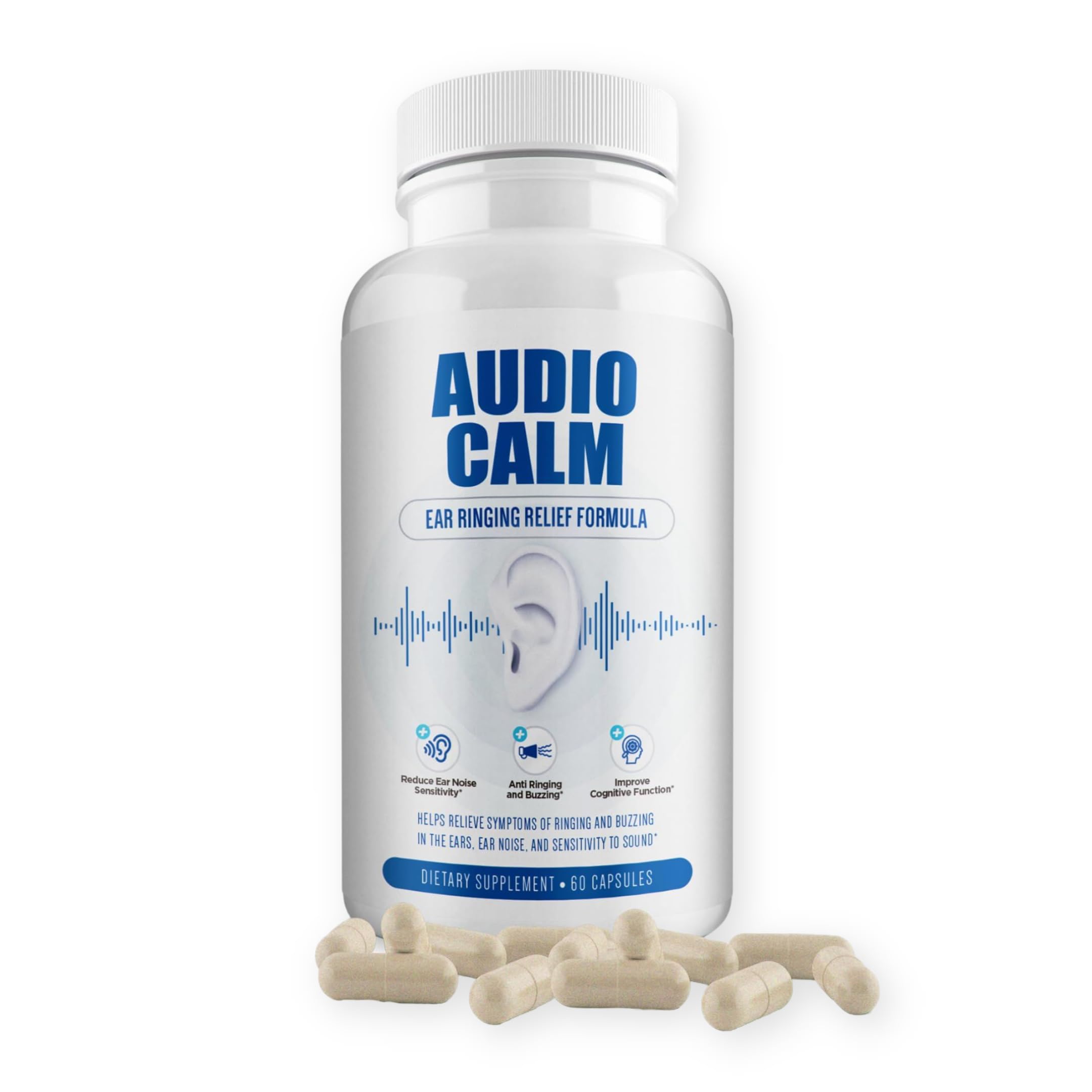 BACTICURE Audio Calm botella, visual de suplemento para soporte auditivo potencial.
