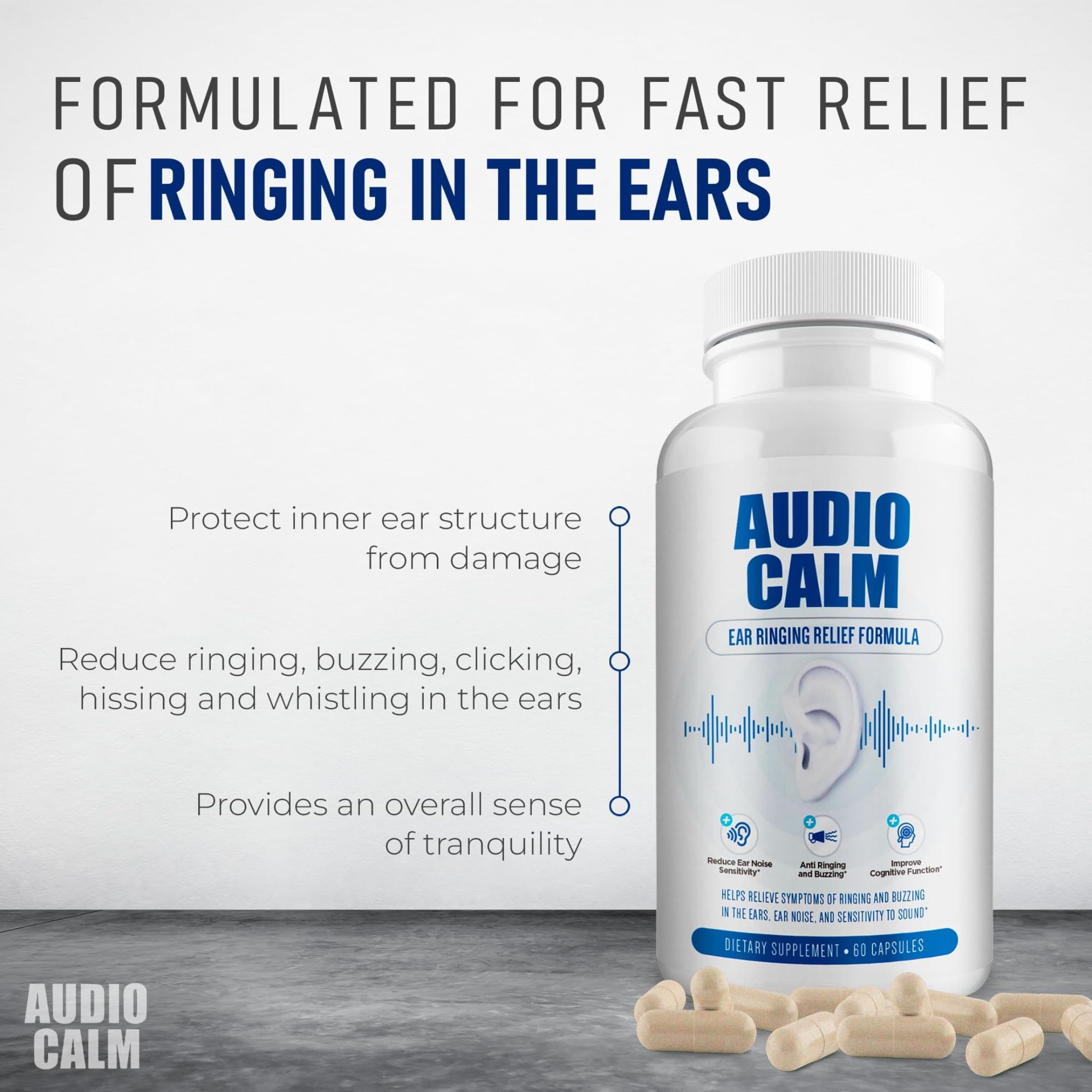 BACTICURE Audio Calm cápsulas, uso diario para apoyo auditivo.