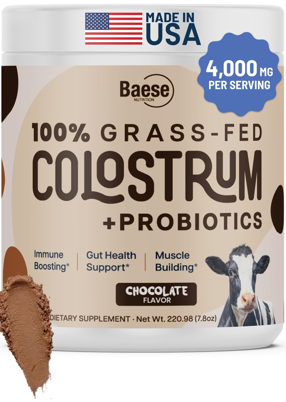 Baese Nutrition calostro bovino orgánico en polvo chocolate, apoyo para energía diaria.