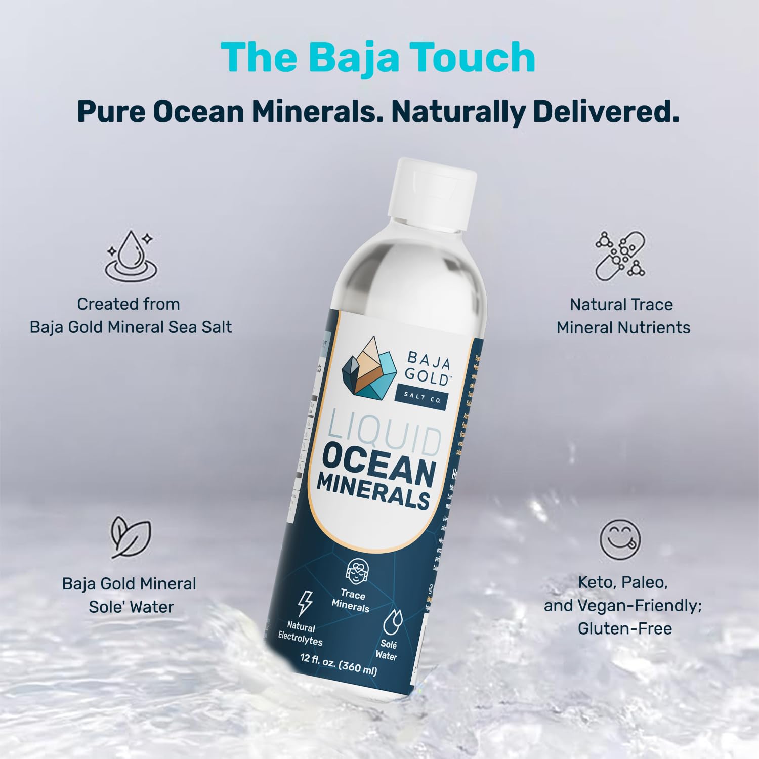 Baja Gold Gotas Minerales: etiqueta comunica origen marino y pureza.