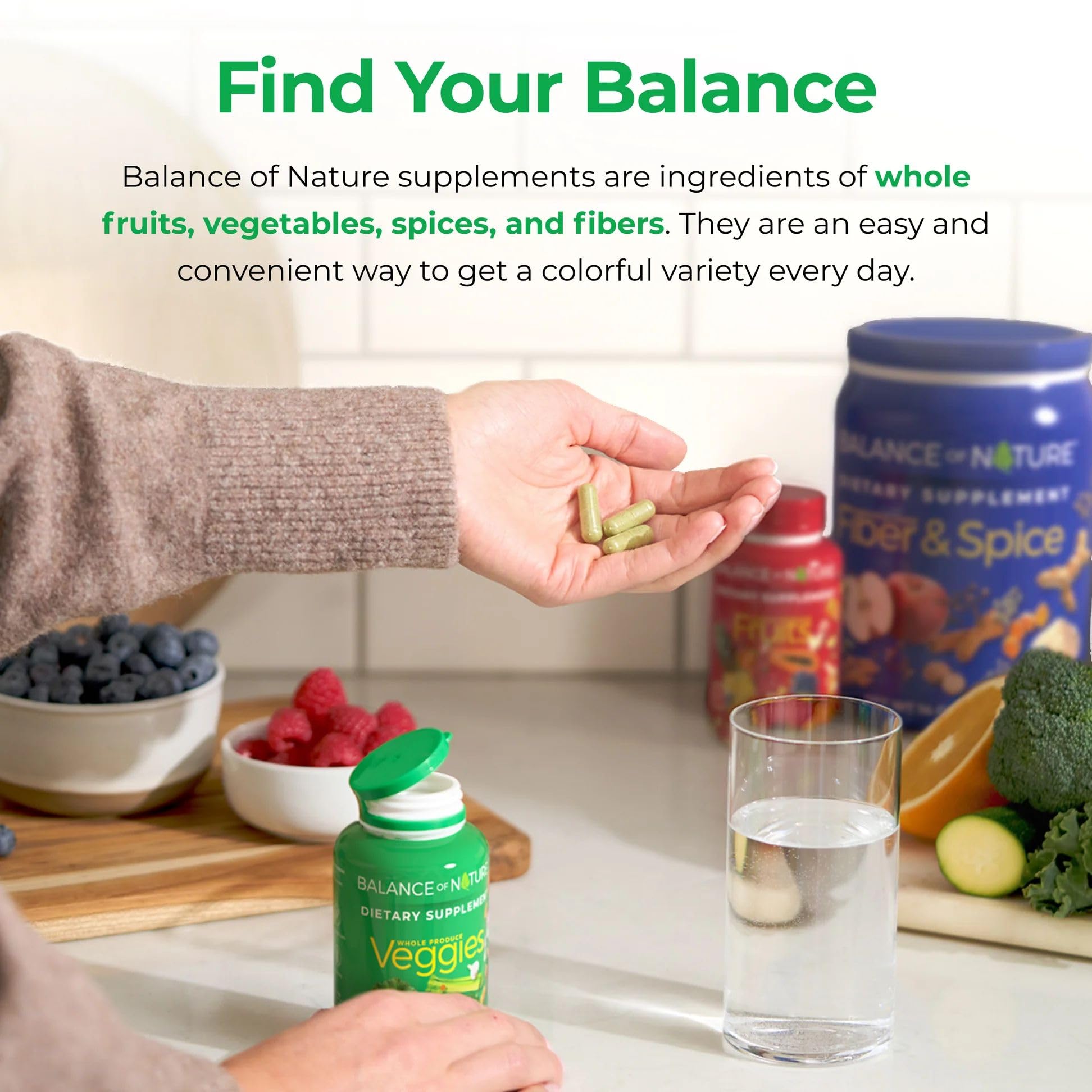Balance of Nature Veggies sin aglutinantes ni rellenos, opción limpia para vegetarianos.