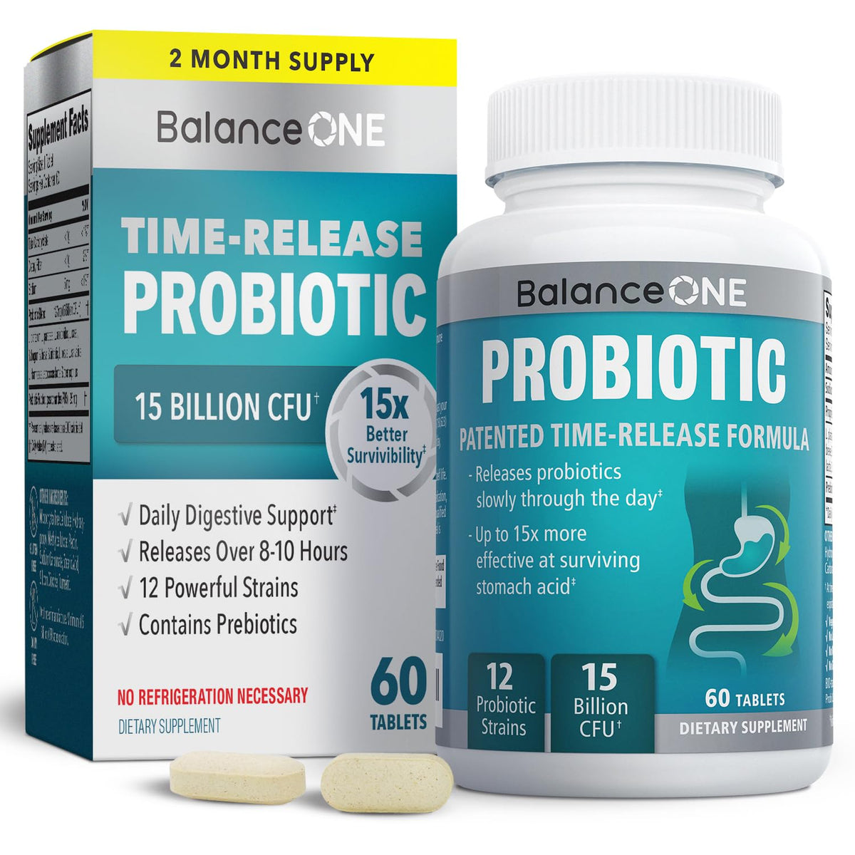 Balance ONE: bote de probióticos con liberación temporal para salud intestinal diaria.