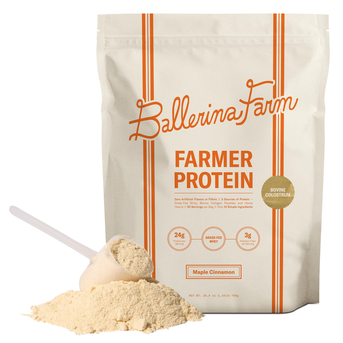 Proteína de Ballerina Farm maple cinnamon en bolsa para batidos energizantes.