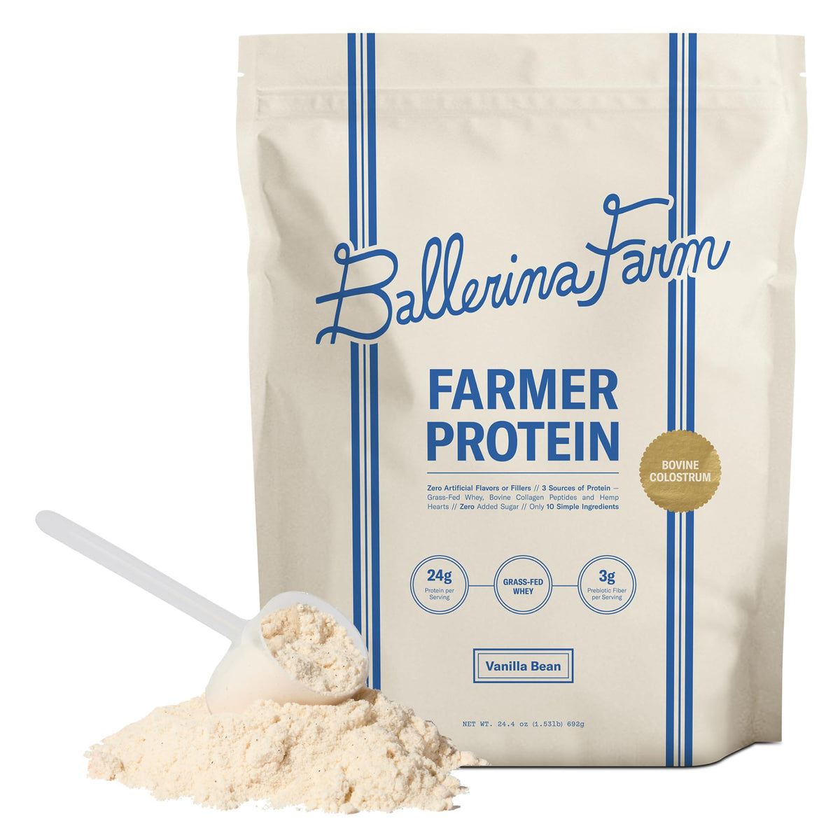 Ballerina Farm proteina-suero-vainilla: batido suave con 24 g de proteína por porción.