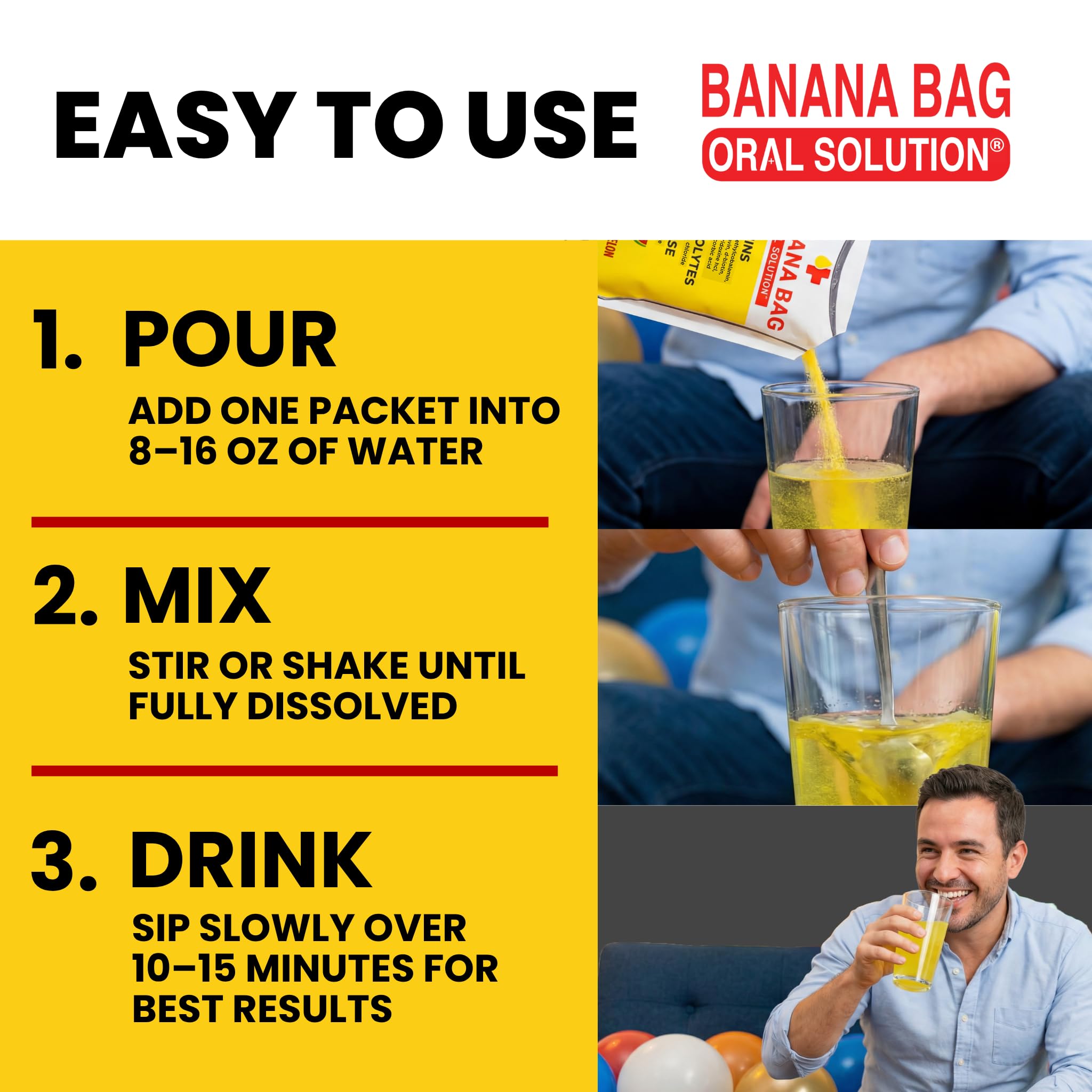 Banana Bag Oral Solution persona viajando con el producto para hidratarse en movimiento