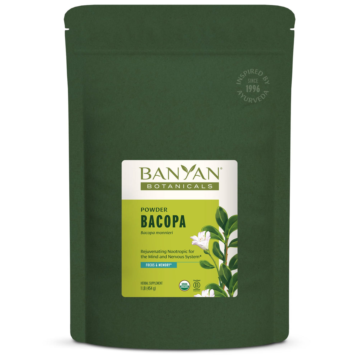 Banyan Botanicals Bacopa Polvo Envase: apoyo a la concentración y uso diario.