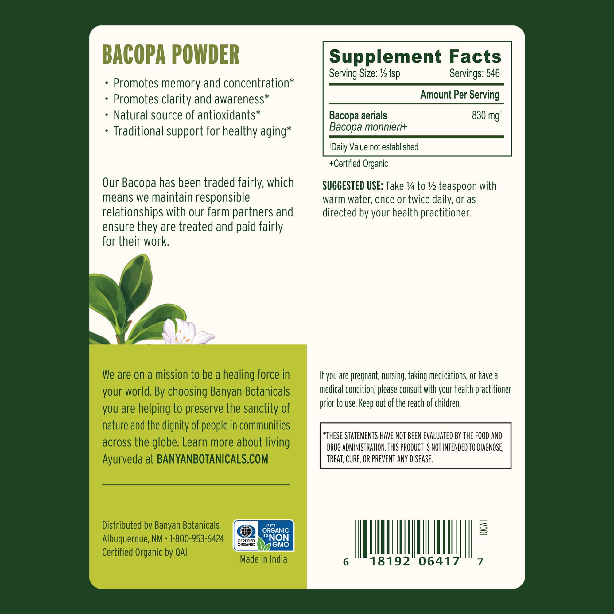 Banyan Botanicals Bacopa Polvo Etiqueta Frasco: transparencia y calidad certificada.