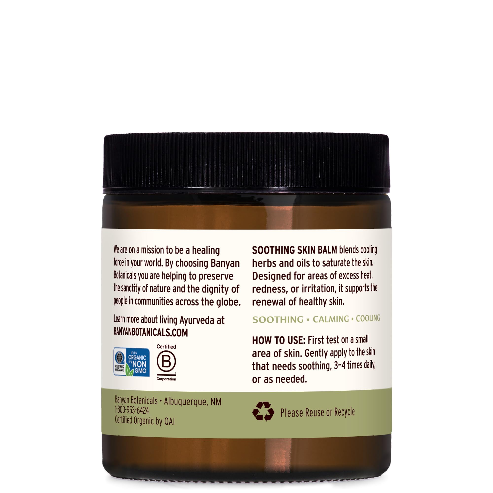 Banyan Botanicals bálsamo con neem y vetiver, aplicación calmante para la piel.