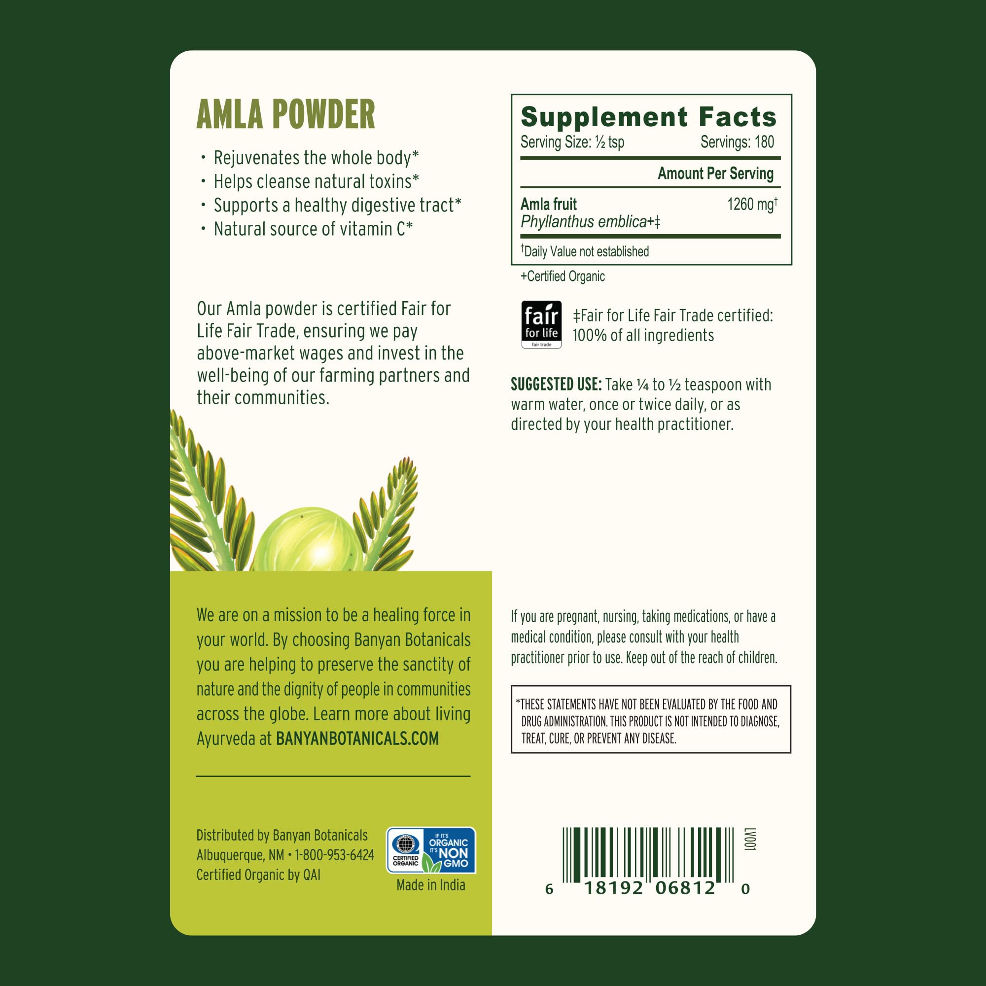 Envase de amla orgánica Banyan Botanicals listo para almacenamiento