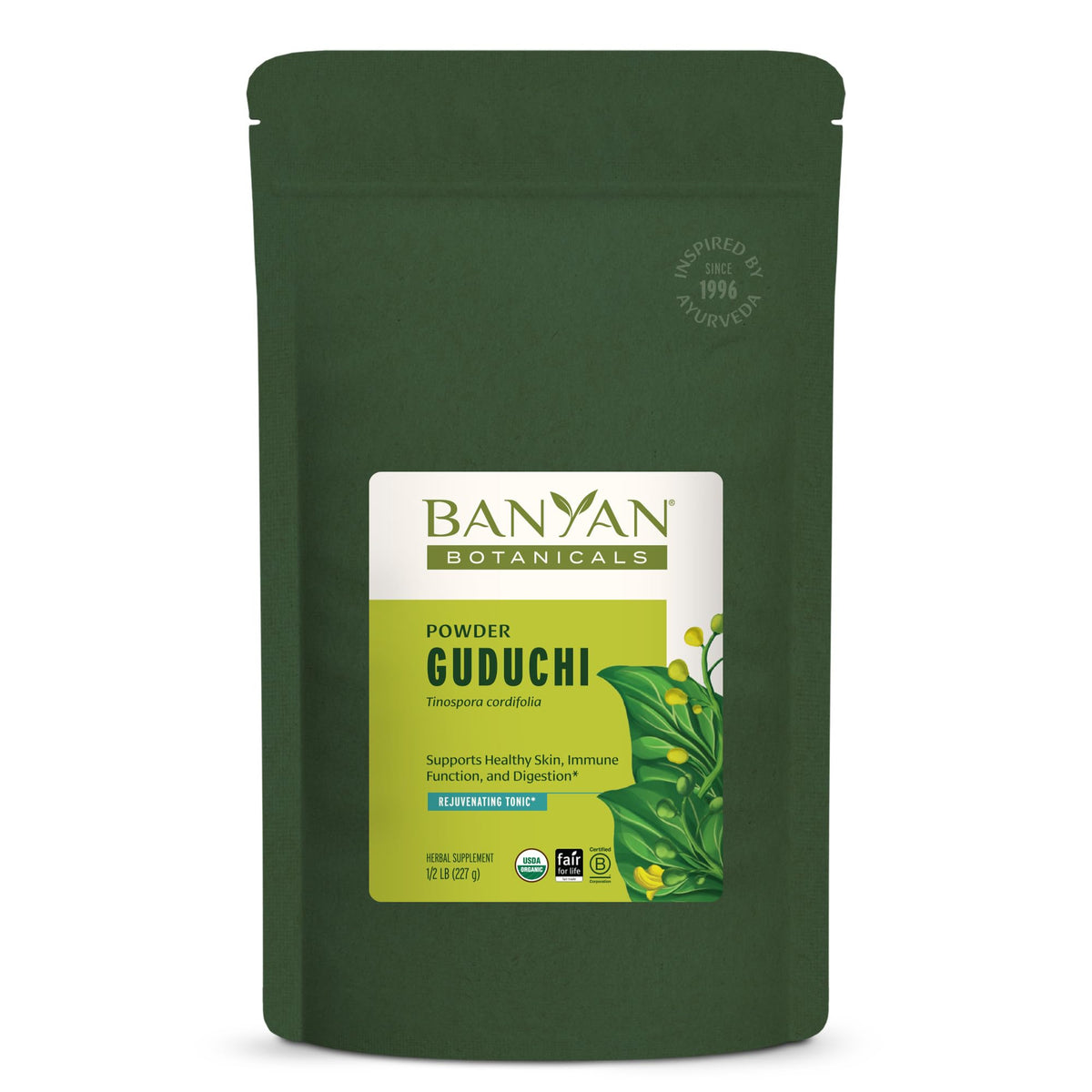 Banyan Botanicals Guduchi polvo envase, apoyo a la inmunidad y bienestar general.