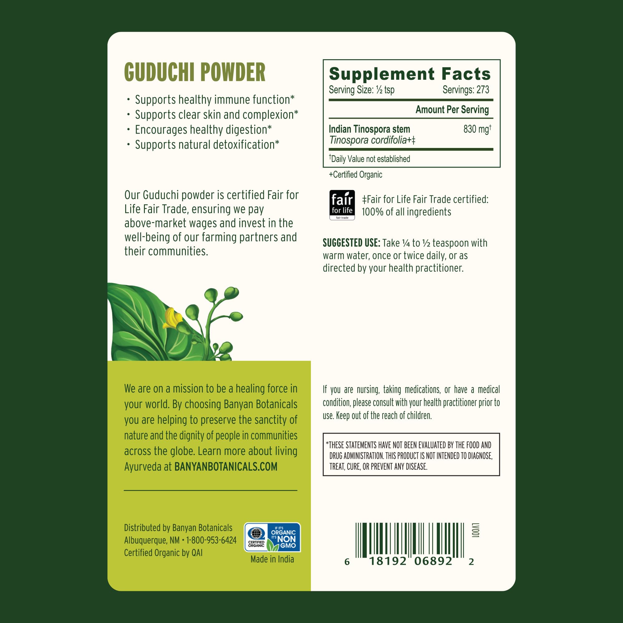 Banyan Botanicals Guduchi polvo medidor, dosis práctica para uso diario.