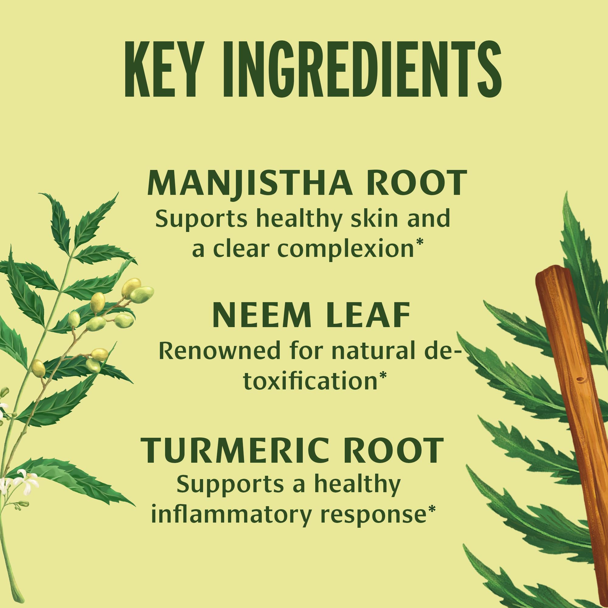 Blood Cleanse: ingredientes Neem y Manjistha para claridad de la piel.