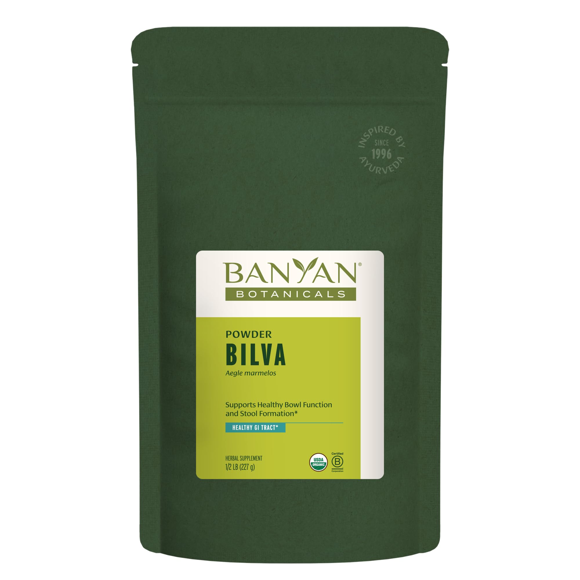 Banyan Botanicals Bilva polvo en empaque sostenible para almacenamiento y uso diario.