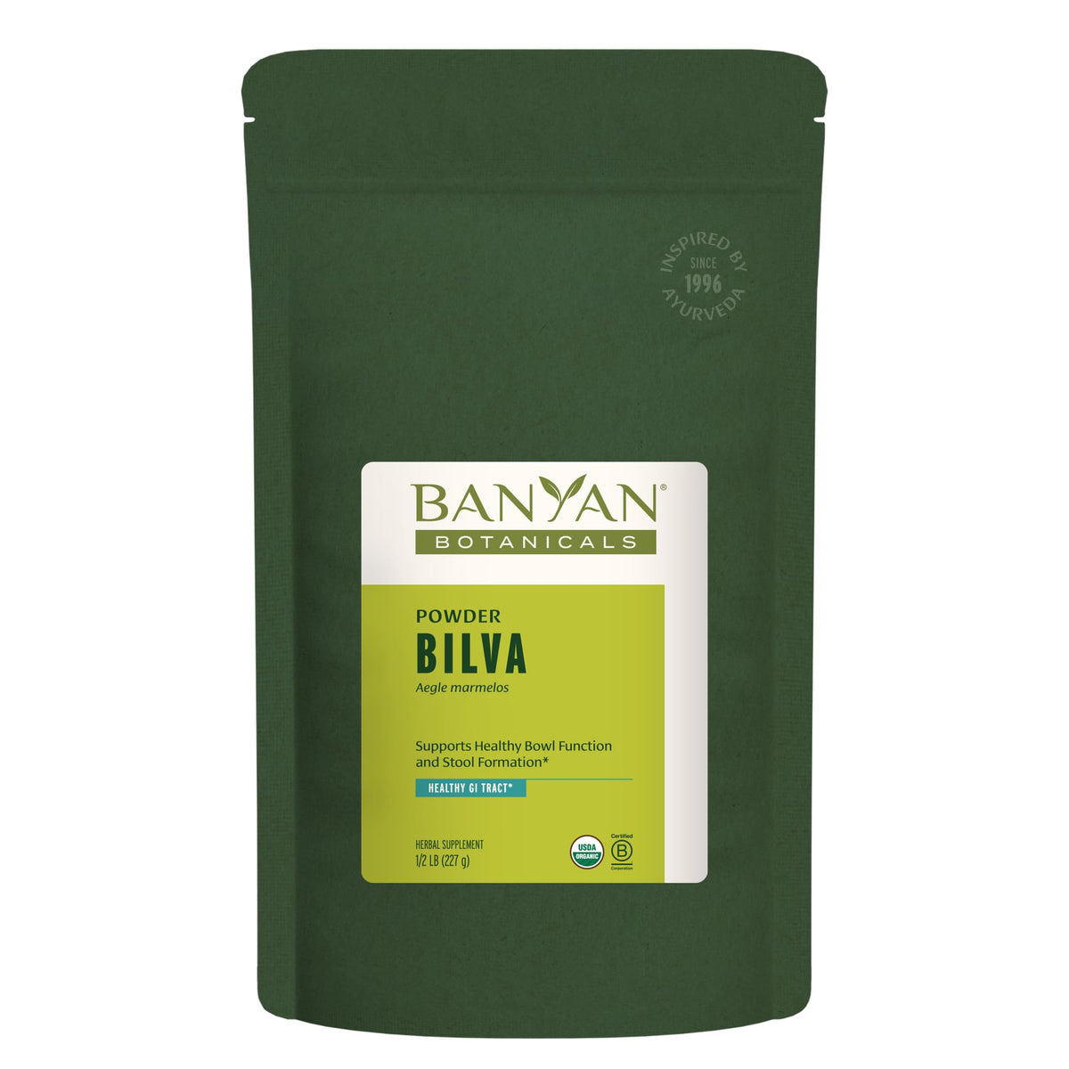 Banyan Botanicals Bilva polvo en empaque sostenible para almacenamiento y uso diario.