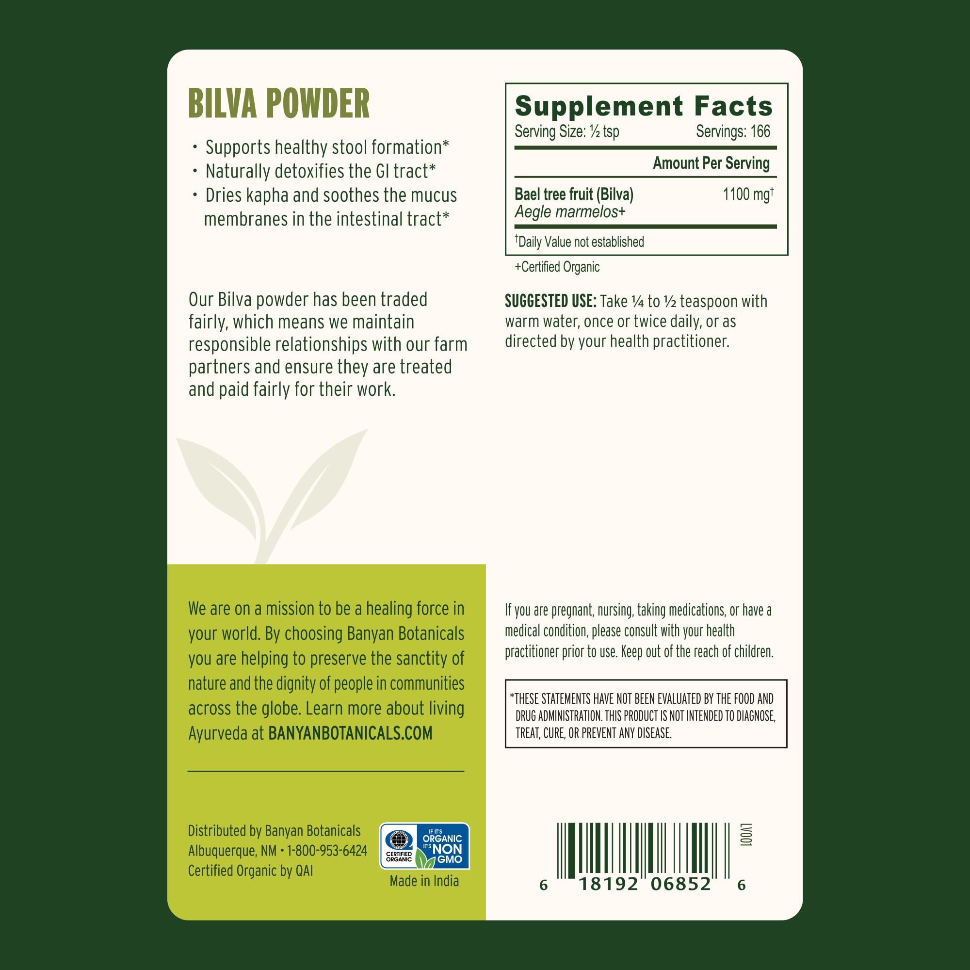 Banyan Botanicals Bilva polvo en batido, sabor suave y apoyo digestivo.