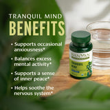 Banyan Botanicals Tranquil Mind: etiqueta del producto, señal de fórmula orgánica y uso diario.