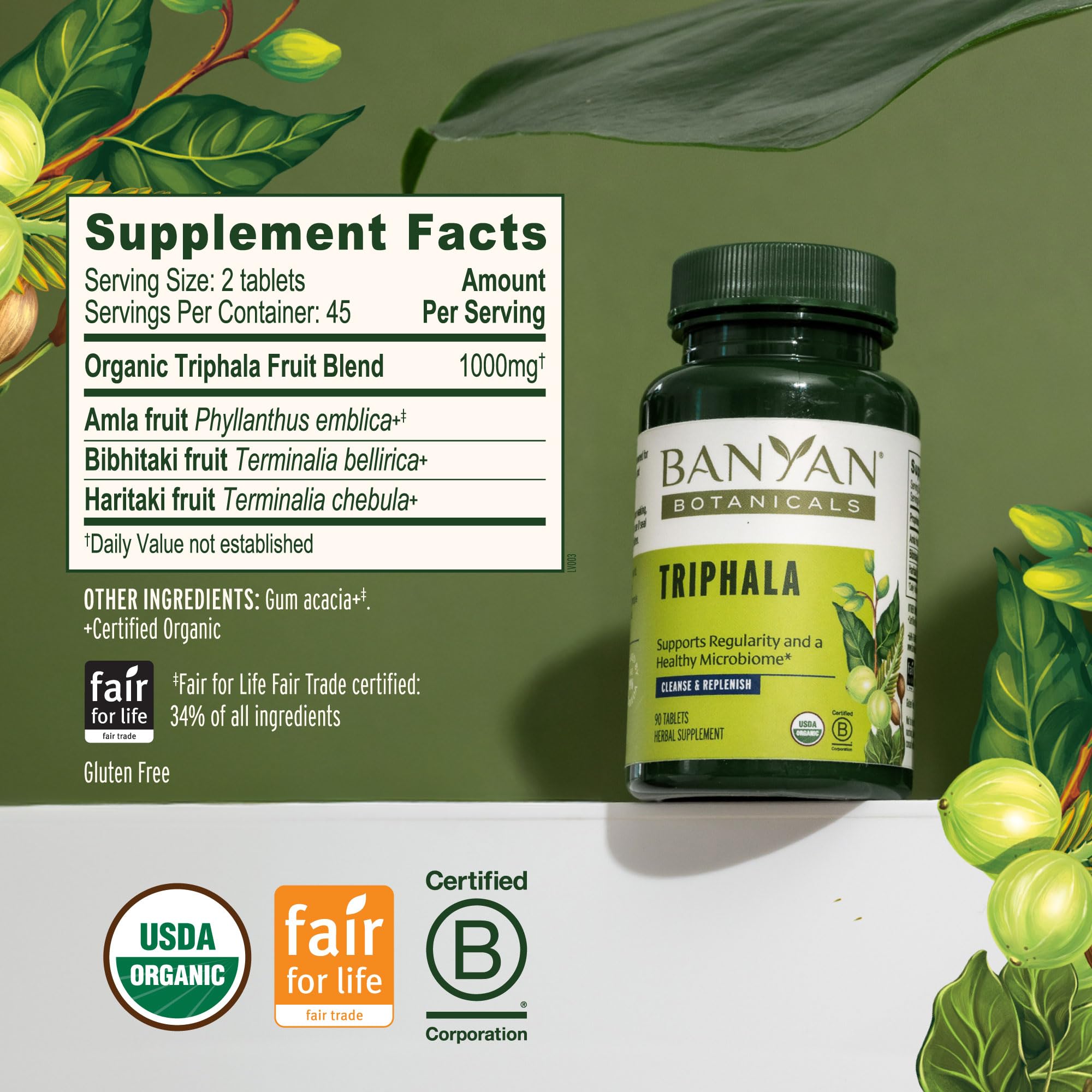 Banyan Botanicals Triphala: ingredientes naturales Amla Haritaki Bibhitaki